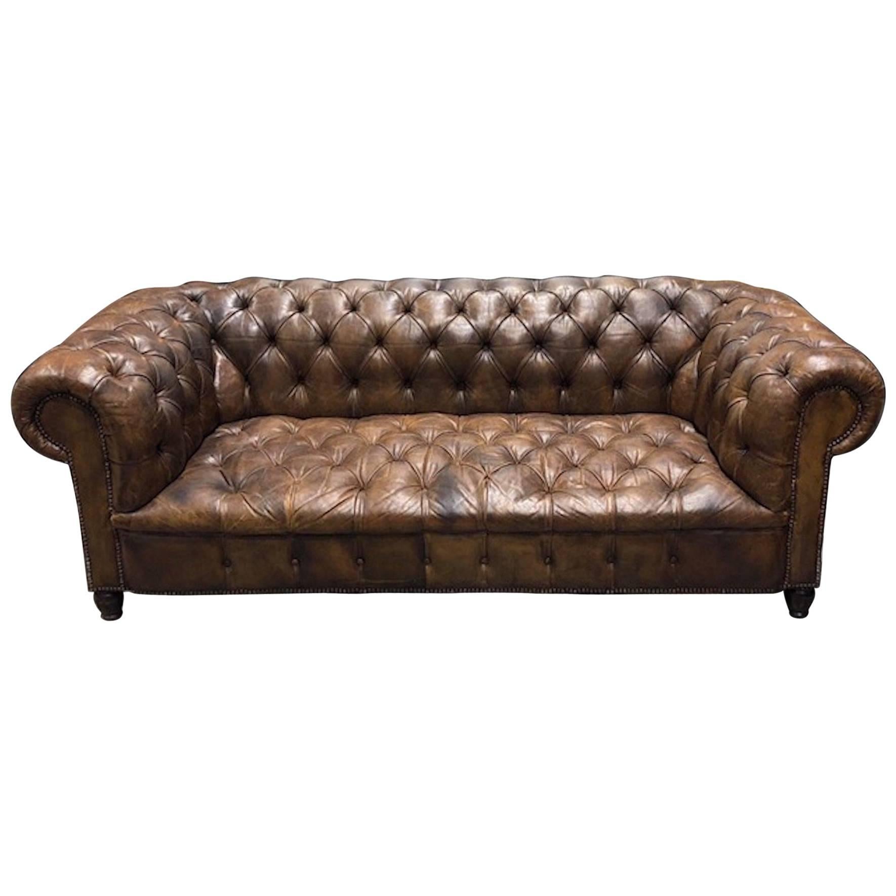 English Leather Chesterfield Rolled Arm Sofa