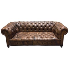 English Leather Chesterfield Rolled Arm Sofa