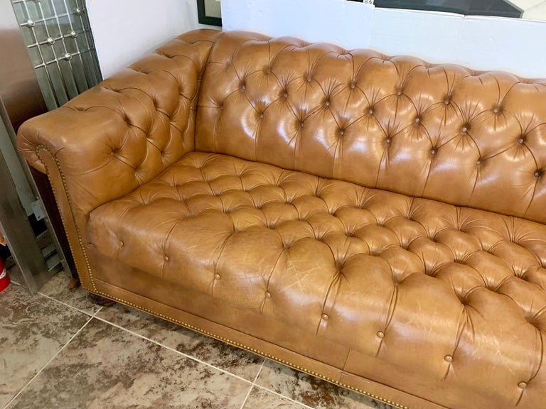 English Leather Chesterfield Sleeper Sofa Brass Nailheads For Sale at