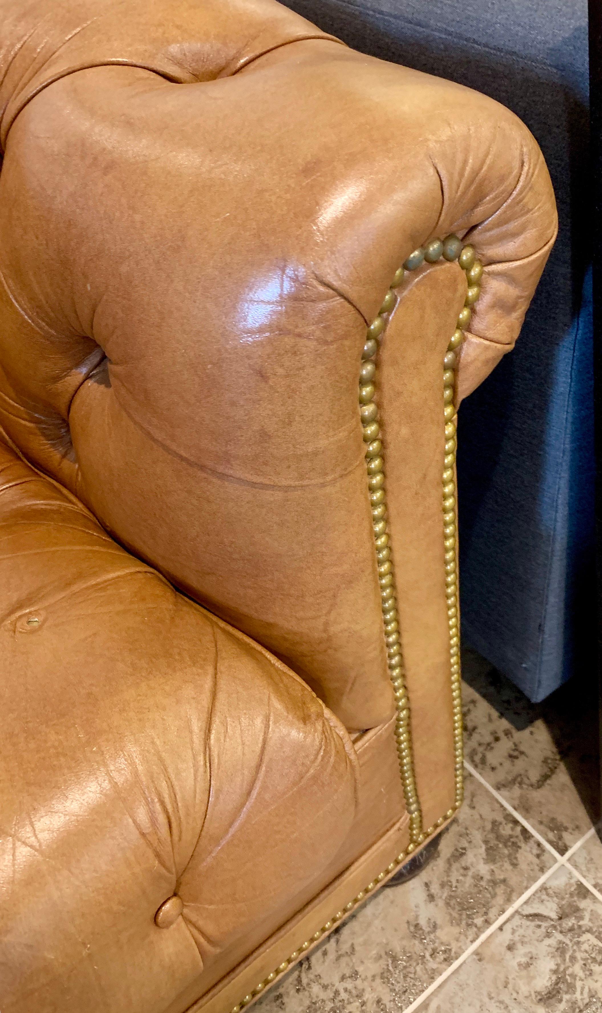 Mid-20th Century English Leather Chesterfield Sleeper Sofa Brass Nailheads