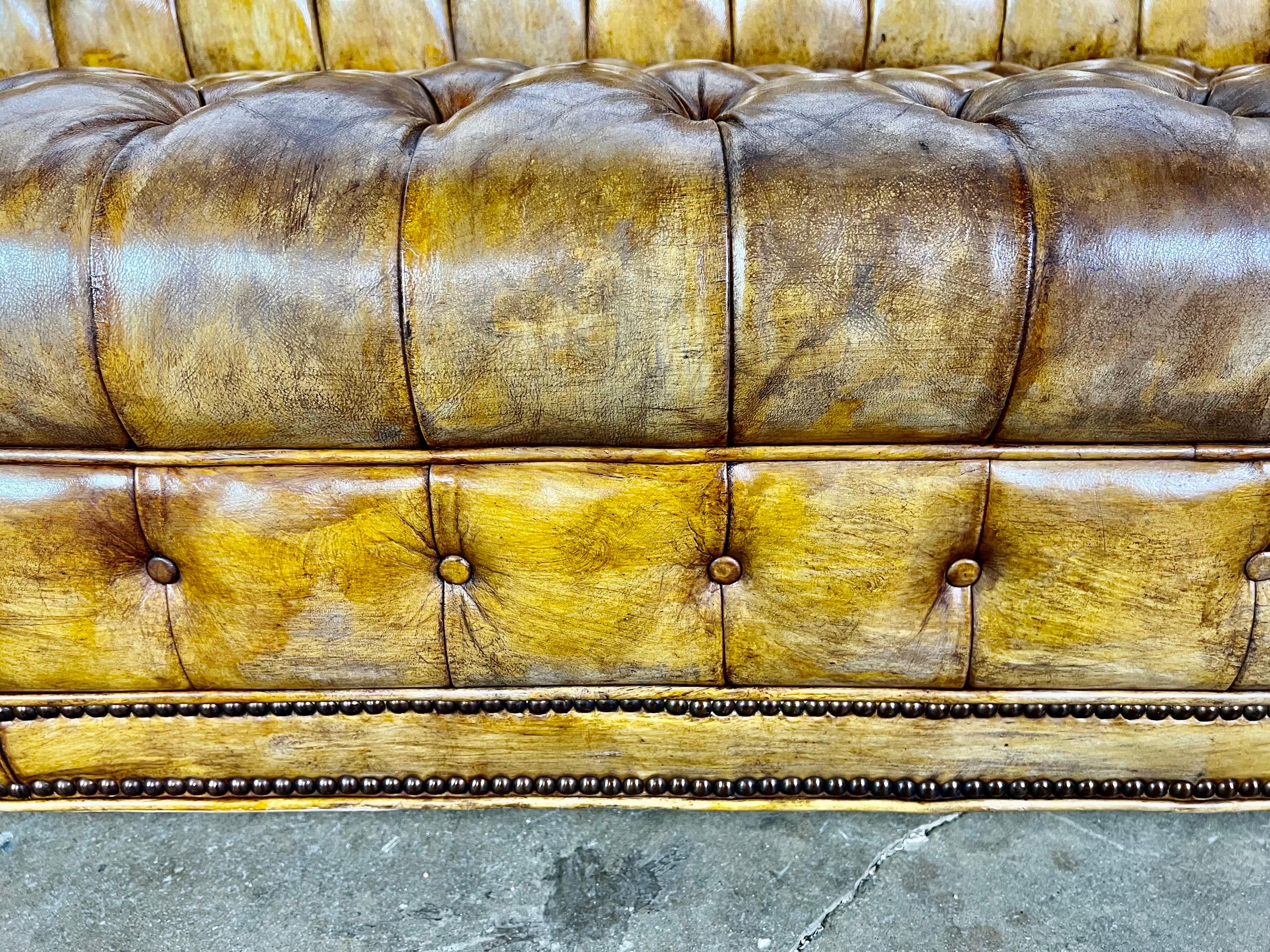 English Leather Chesterfield Sofa C. 1900’s In Distressed Condition In Los Angeles, CA