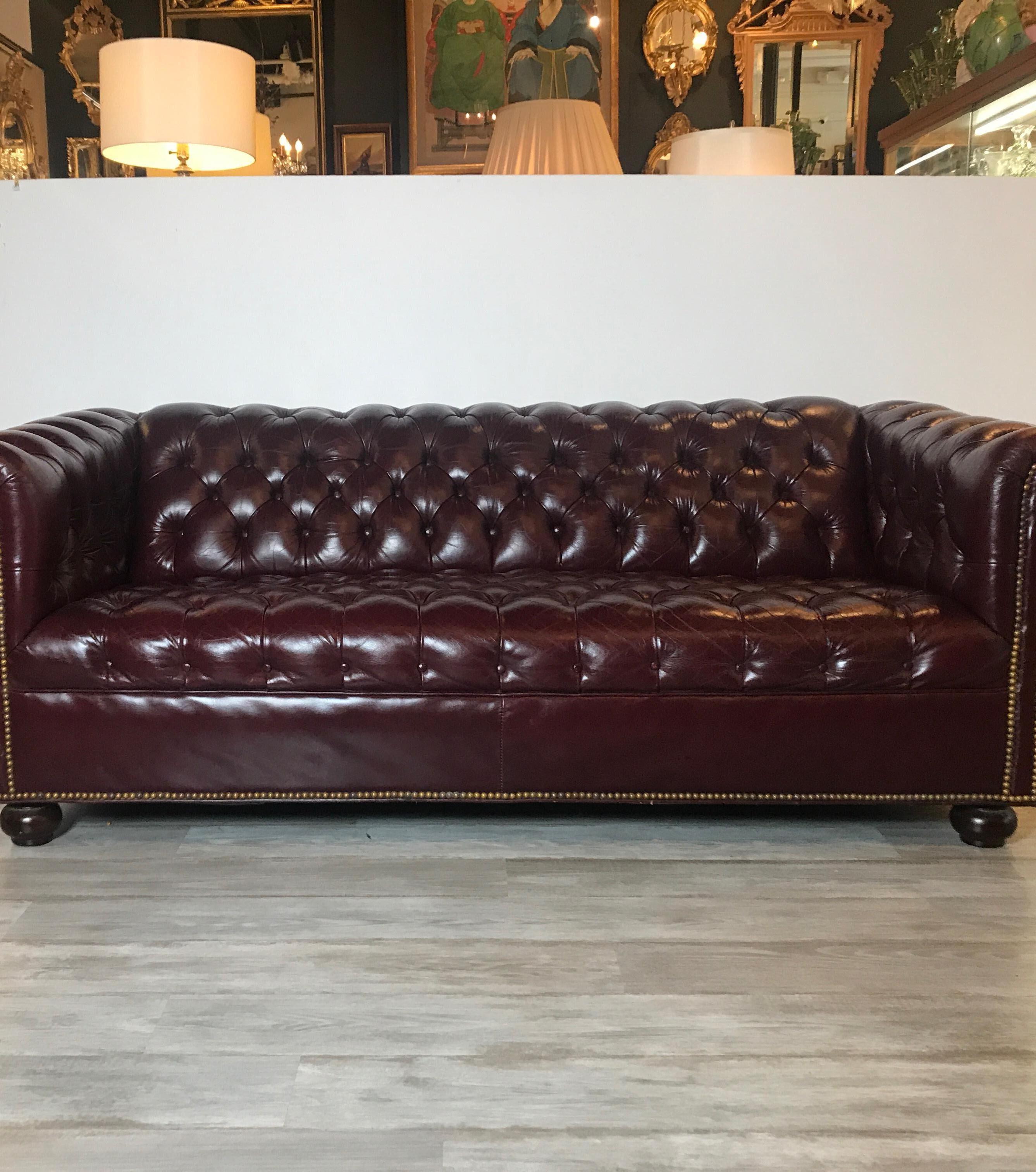 Brass English Leather Chesterfield Sofa