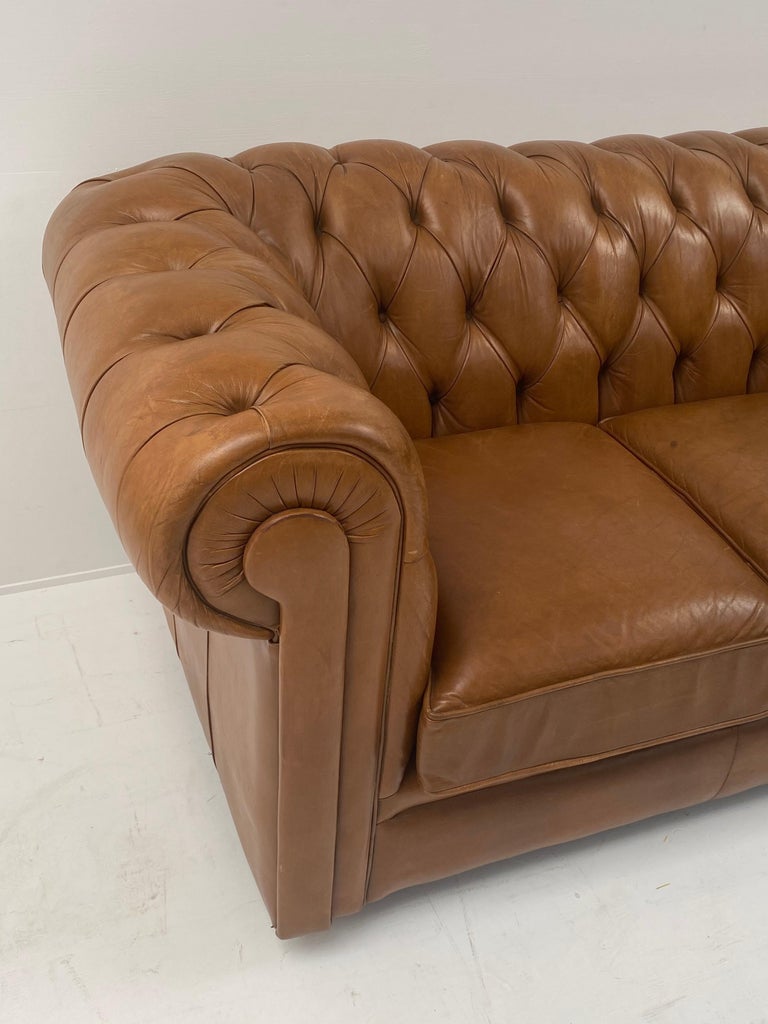 English Leather Chesterfield Sofa in Beautiful Cognac Color For Sale at