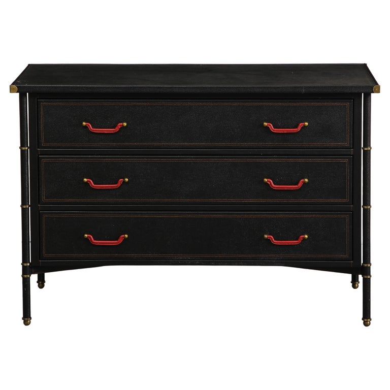 English Leather Clad 3 Drawer Chest Of, Black Leather Dresser With Mirror