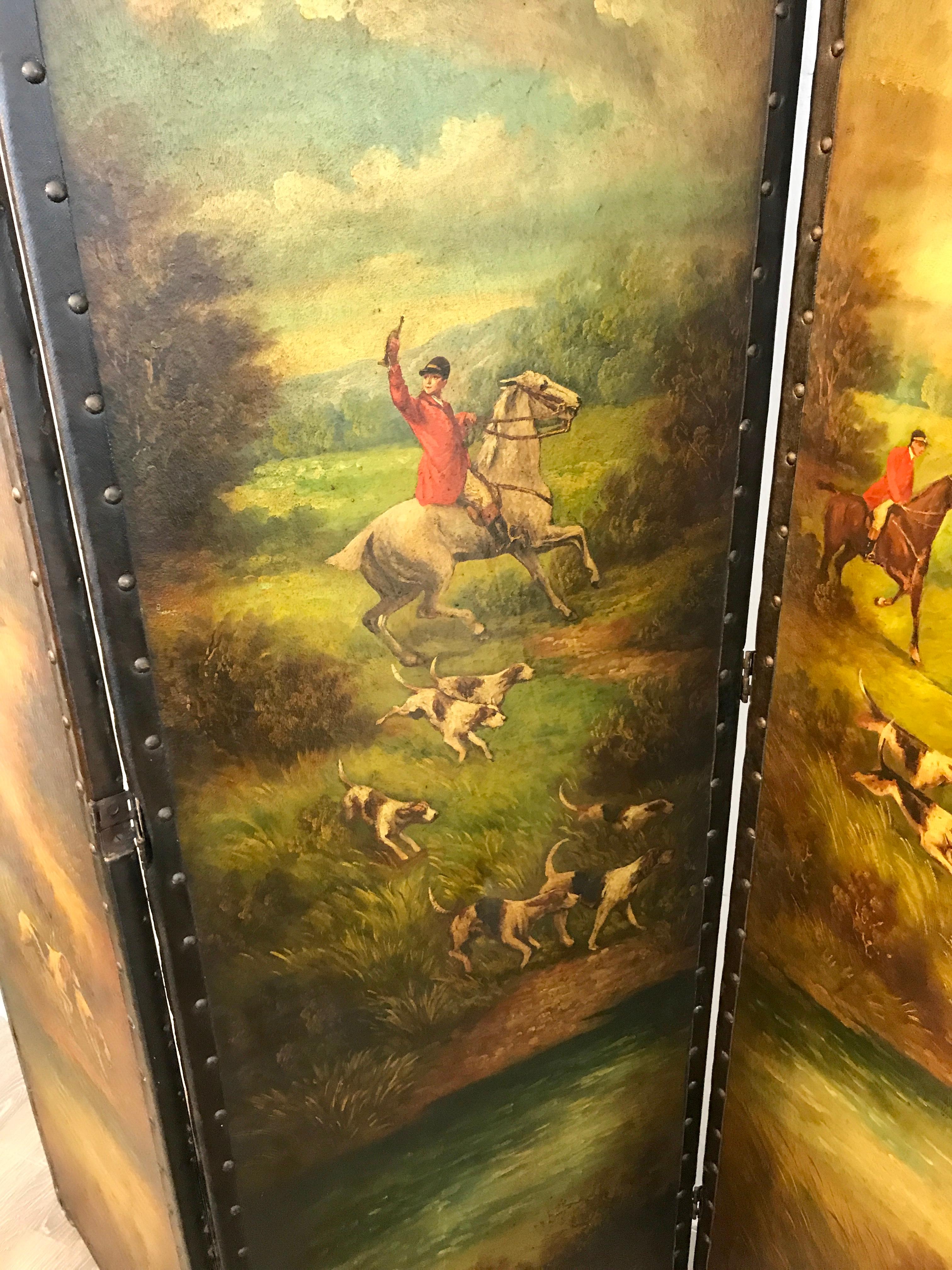English Leather Hunting Scene Three Panel Screen In Good Condition In West Palm Beach, FL