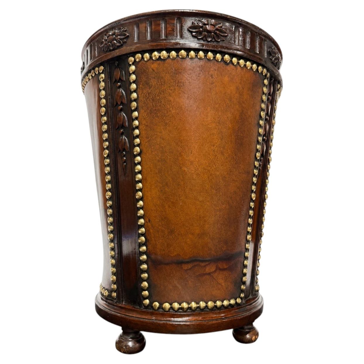 English Leather, Mahogany and Brass Studded Waste Paper Basket, c. 1900–1930 For Sale