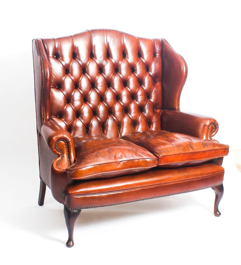 Bespoke English Leather Queen Anne Sofa And Pair Of Armchairs Chestnut