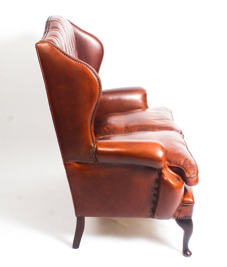 Bespoke English Leather Queen Anne Sofa and Pair of Armchairs Burnt Amber For Sale at 1stdibs