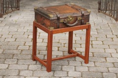 English Leather Bound Box on Rectangular Mahogany Custom Stand, circa 1880