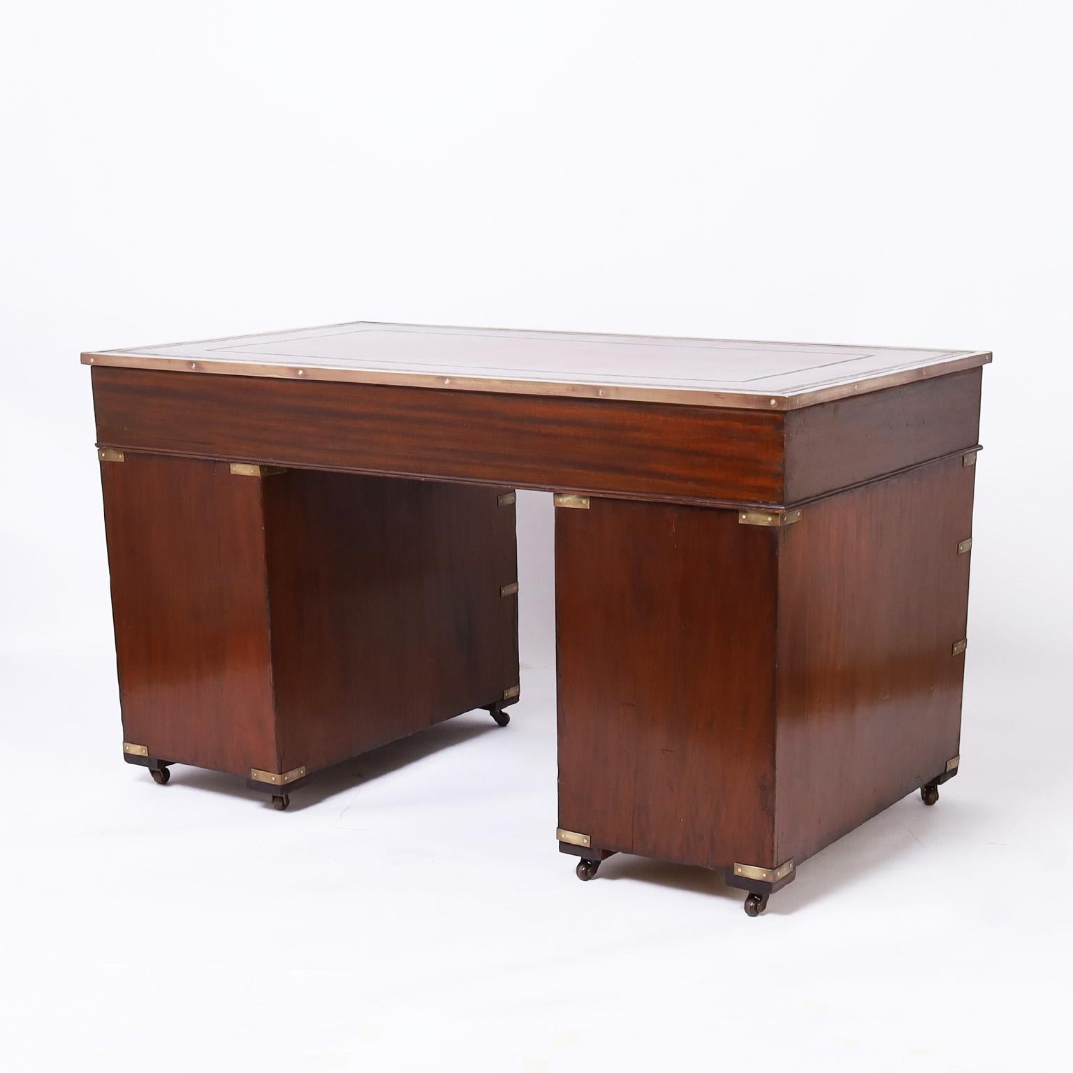 Hand-Crafted English Leather Top Campaign Desk