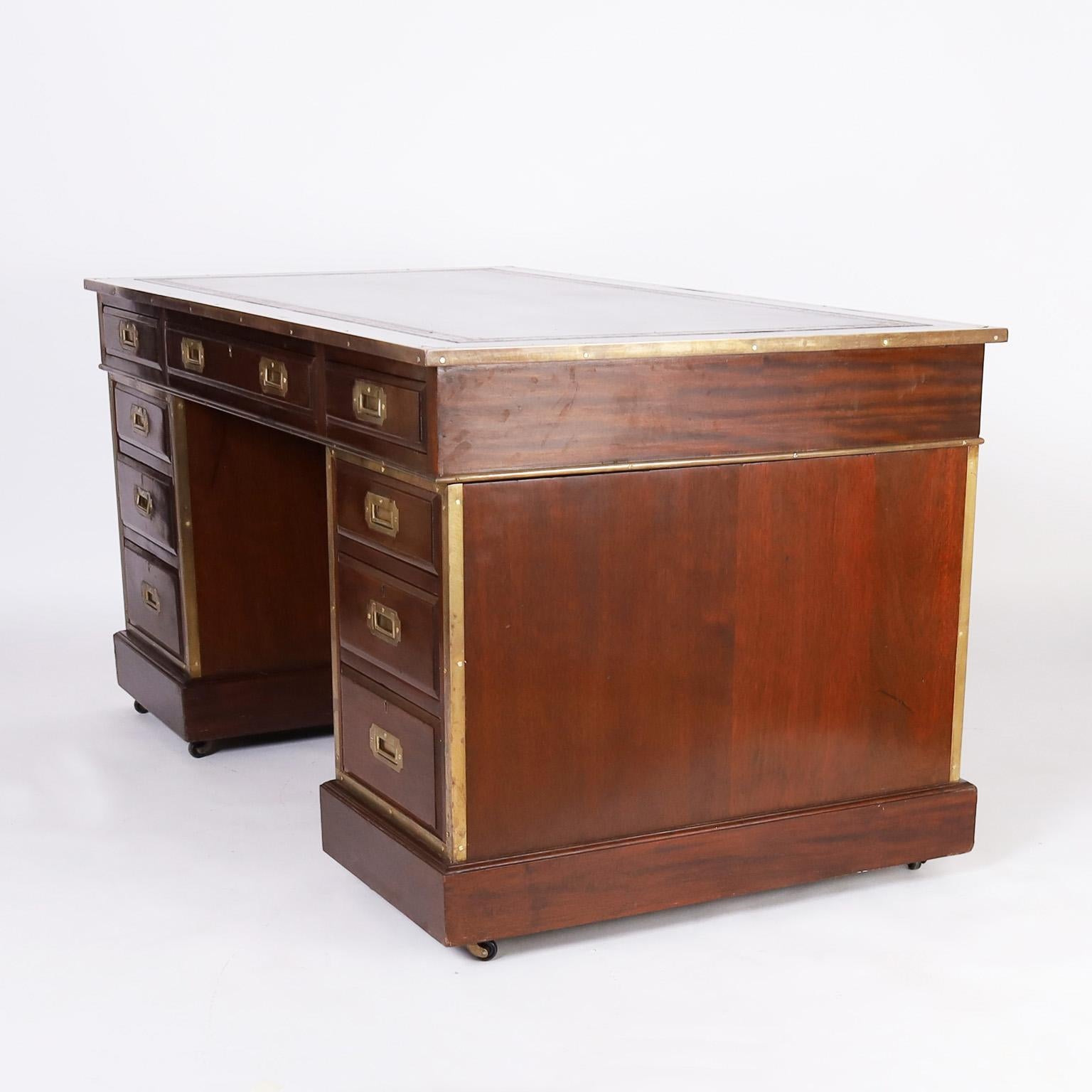 Hand-Crafted English Leather Top Campaign Desk