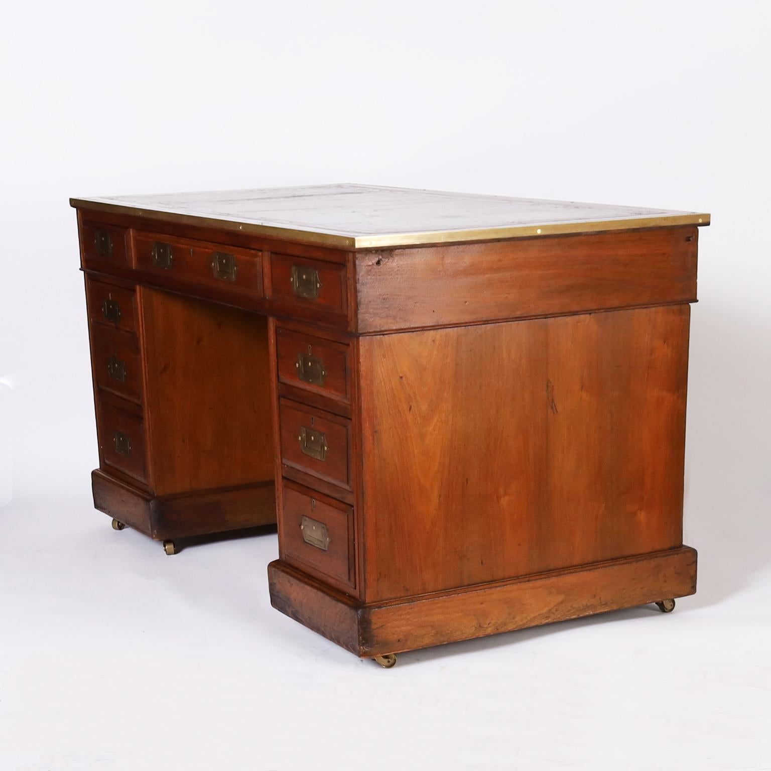 Hand-Crafted English Leather Top Campaign Desk For Sale