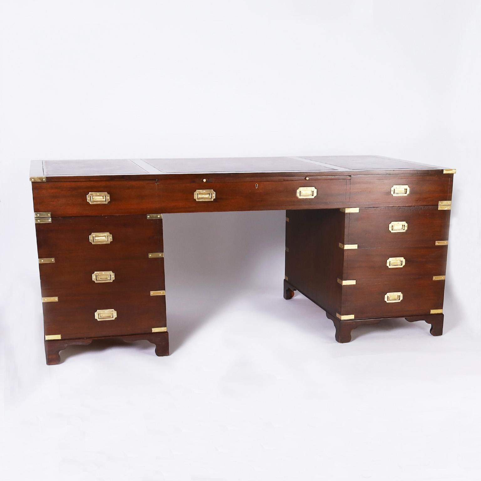 English Leather Top Campaign Desk In Good Condition In Palm Beach, FL