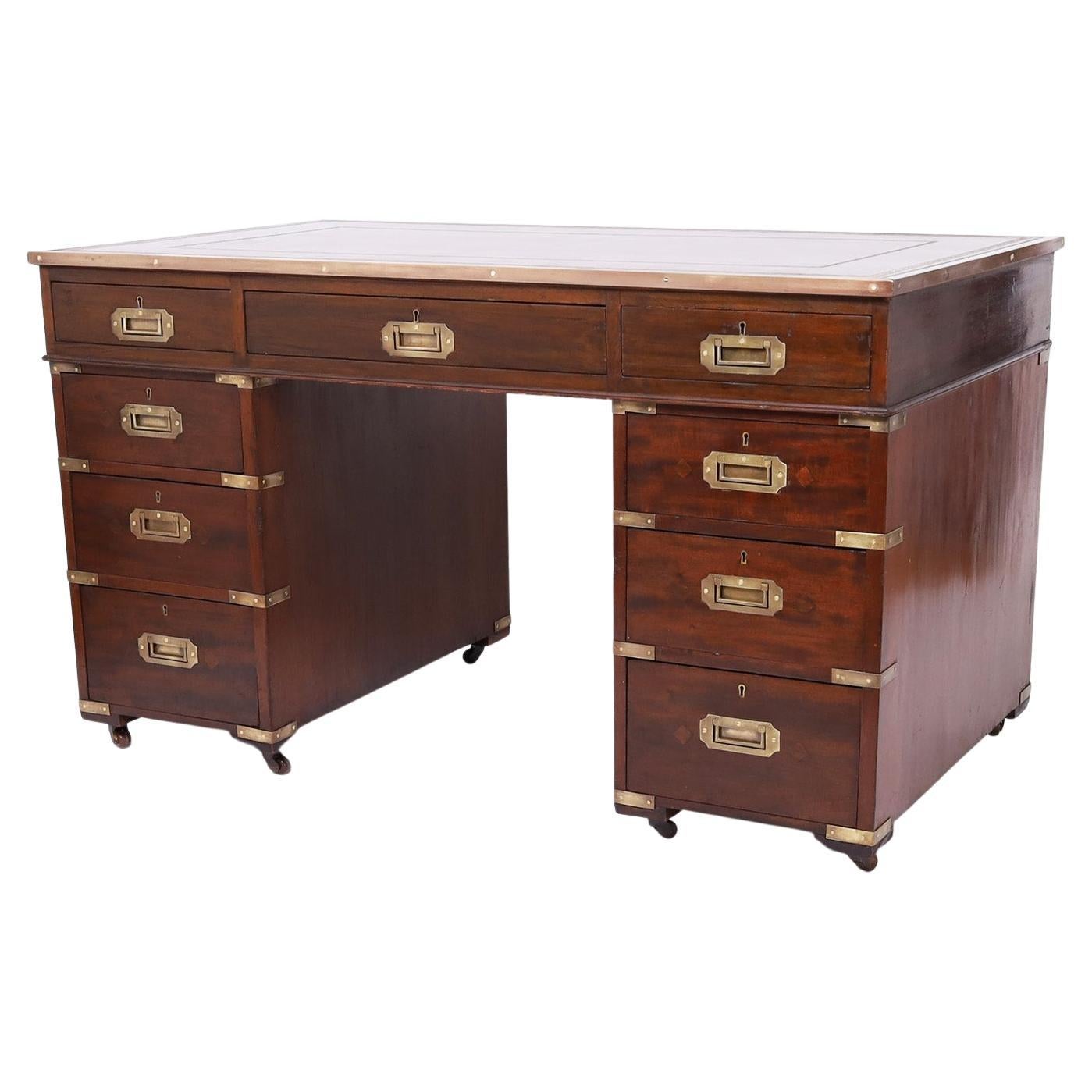 English Leather Top Campaign Desk For Sale