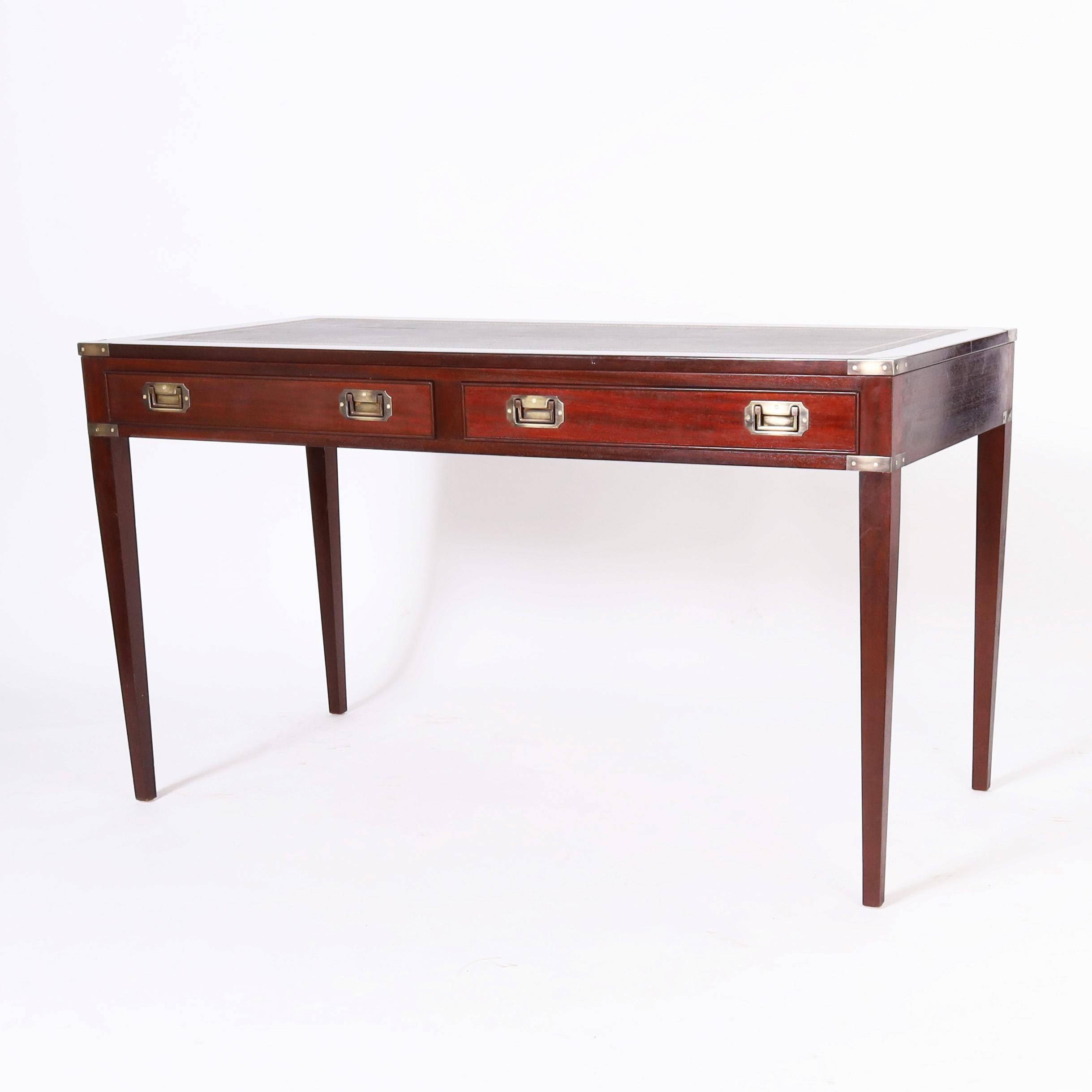 Hand-Crafted English Leather Top Campaign Style Desk For Sale