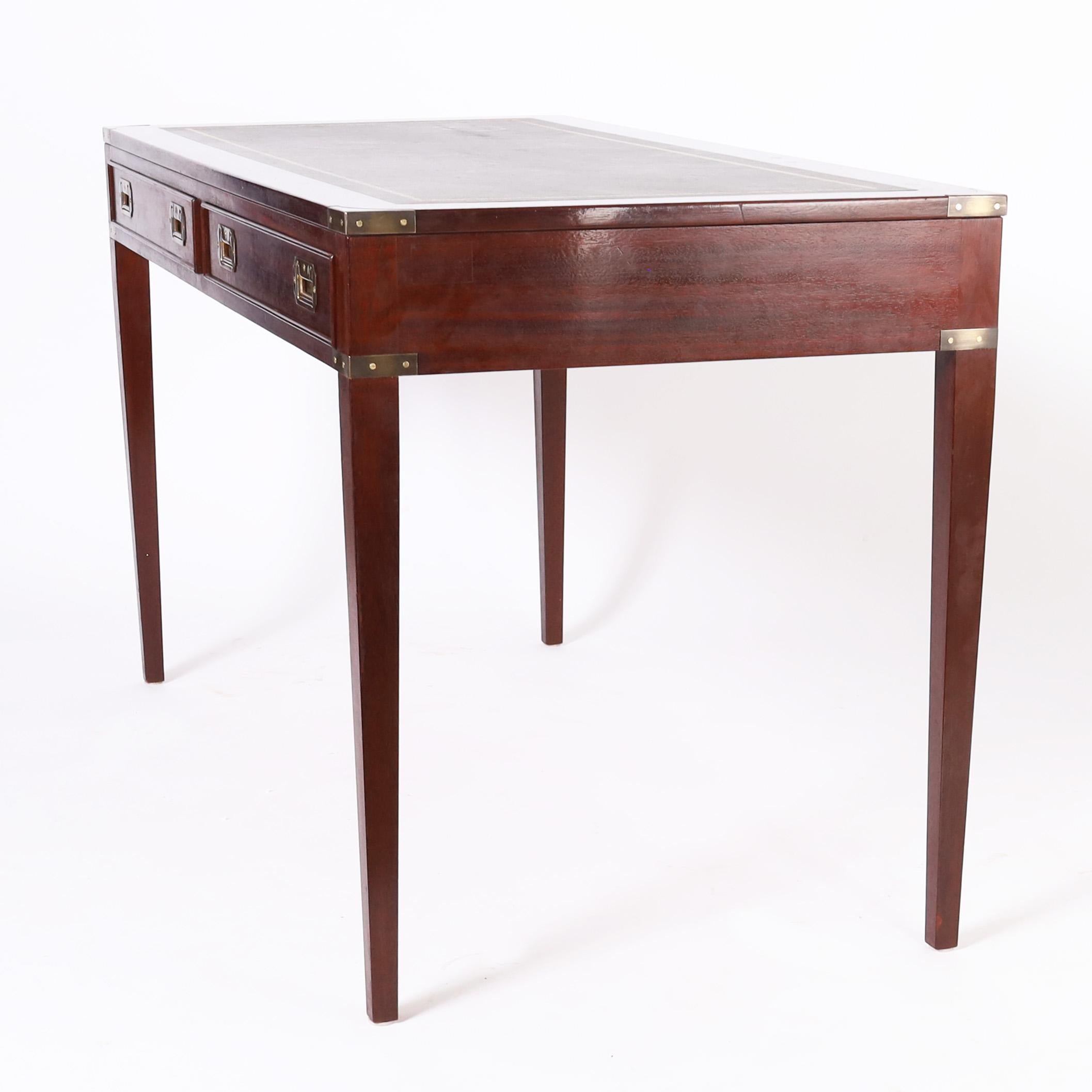 English Leather Top Campaign Style Desk In Good Condition For Sale In Palm Beach, FL