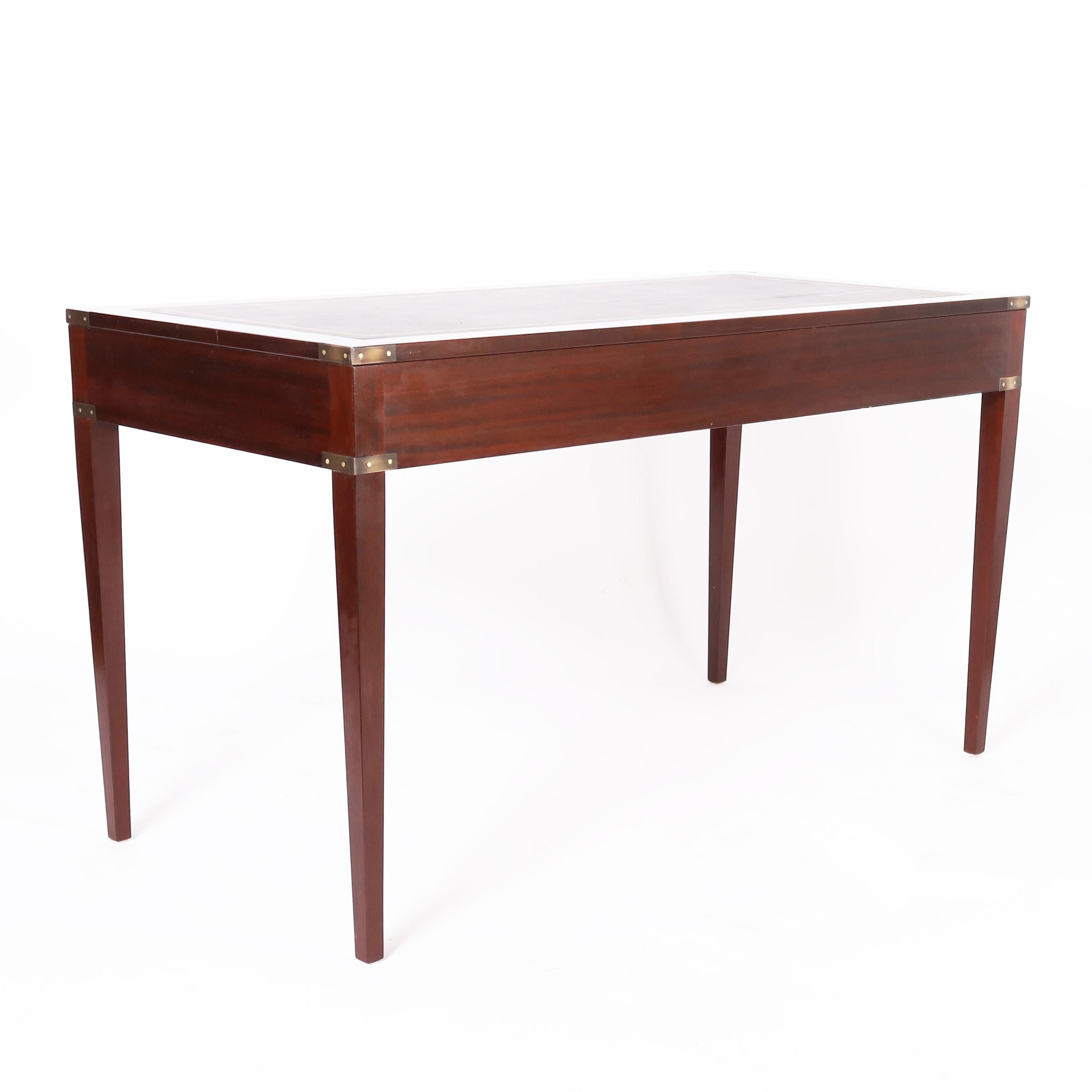 20th Century English Leather Top Campaign Style Desk For Sale