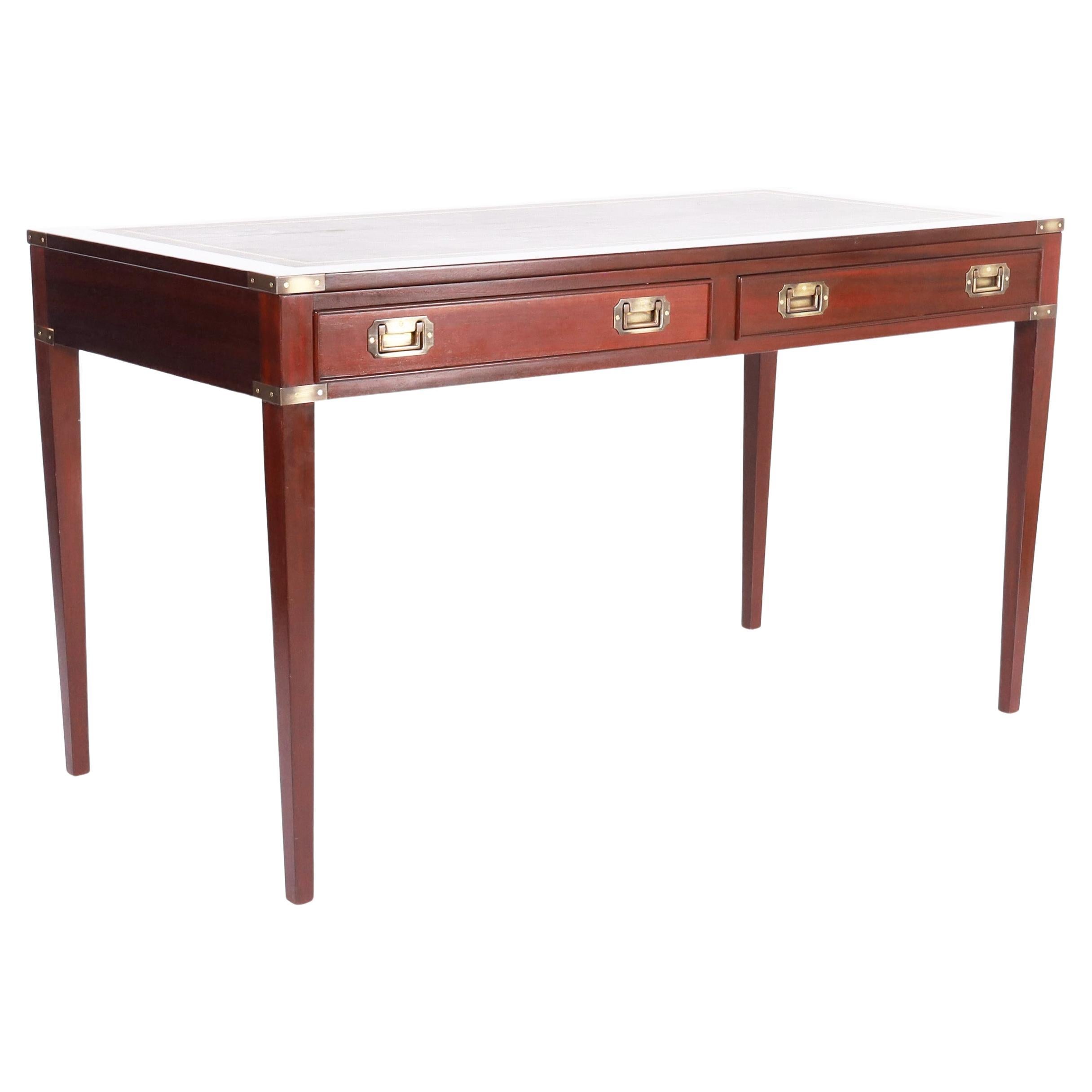 English Leather Top Campaign Style Desk For Sale