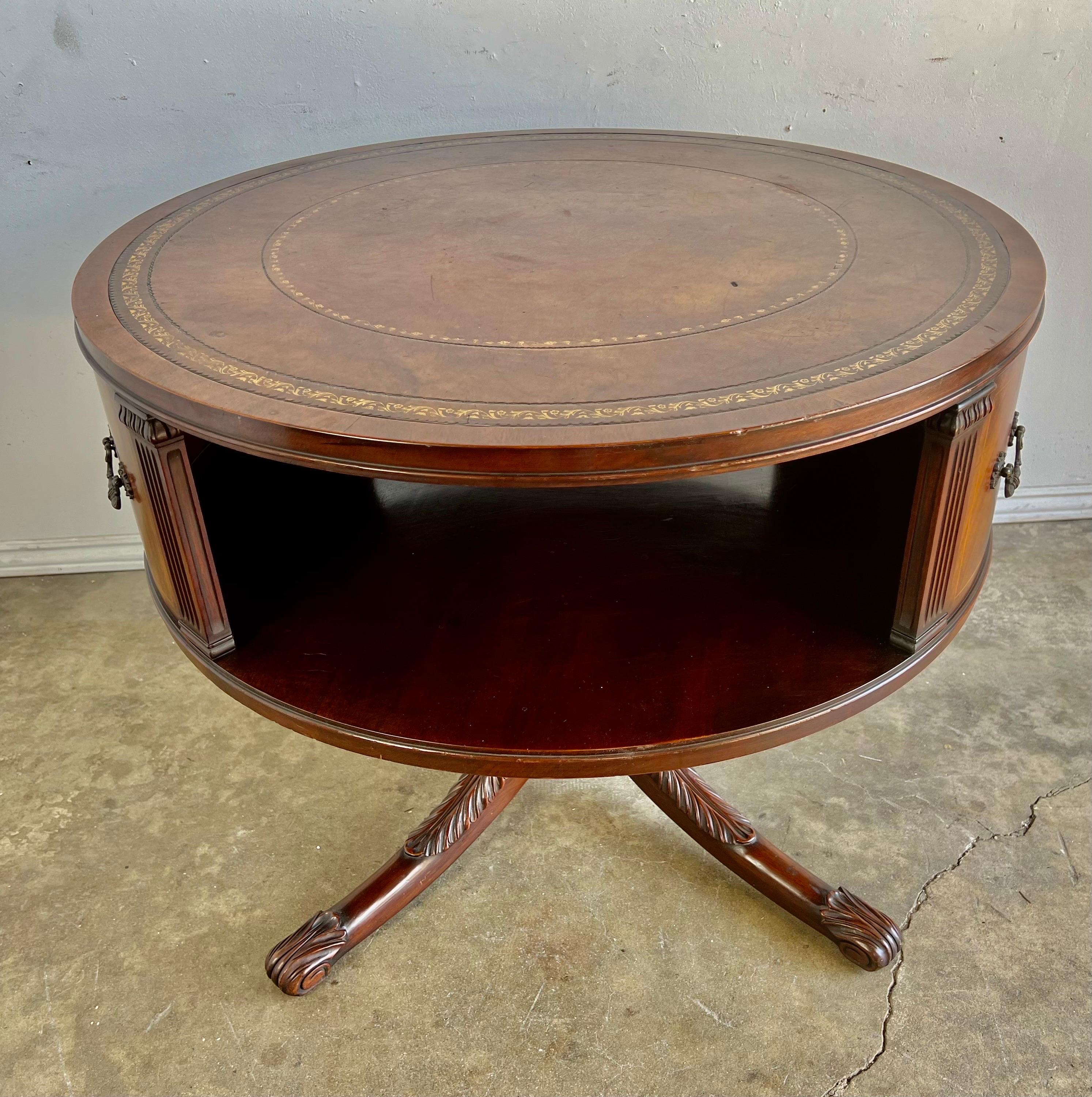 English Leather Top Drum Table C. 1930’s In Good Condition For Sale In Los Angeles, CA