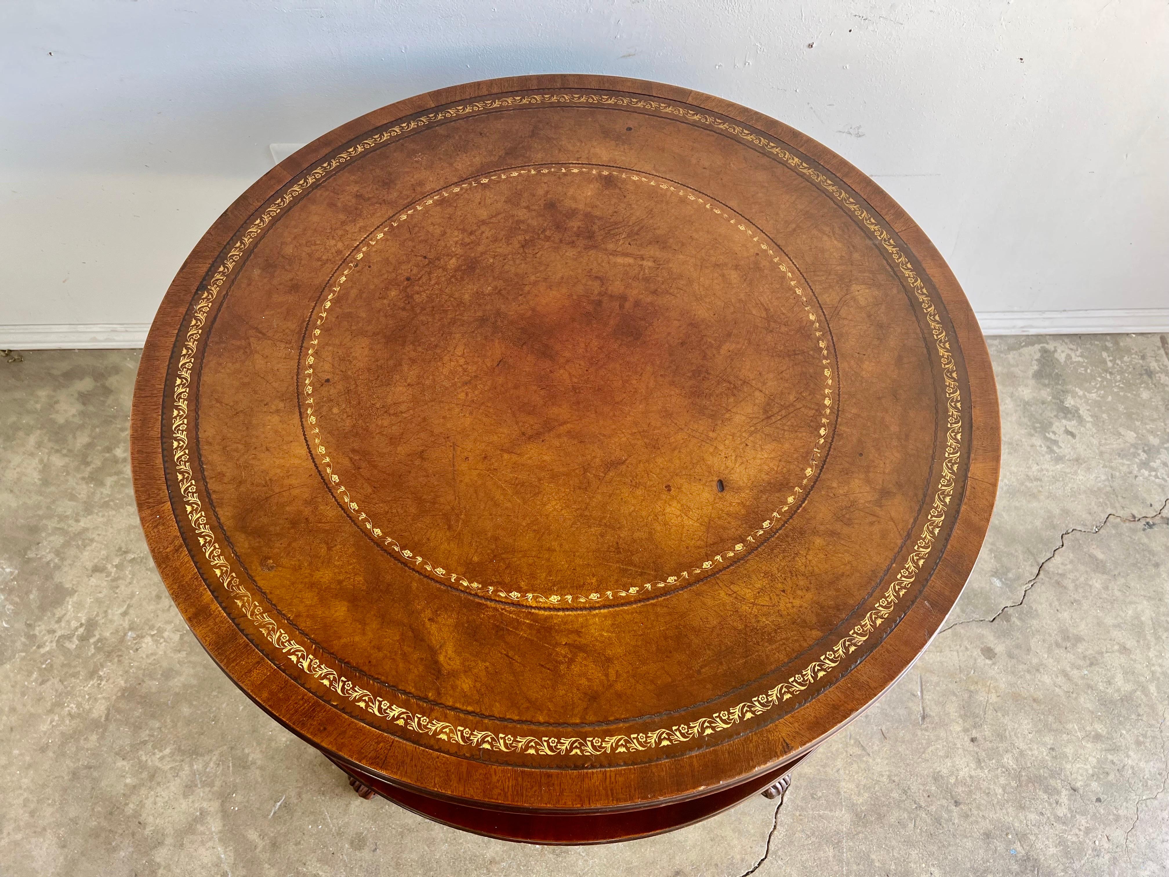 Mid-20th Century English Leather Top Drum Table C. 1930’s For Sale