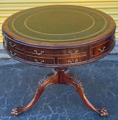 English Leather Top Georgian Style Mahogany Drum Table with Ball & Claw Feet