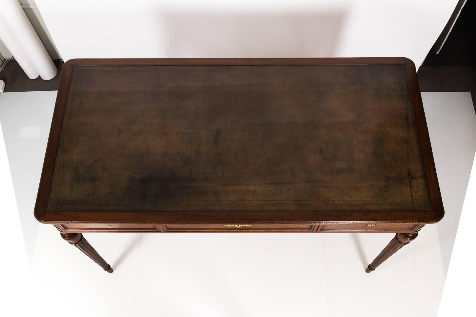 English Leather Top Library Table, circa 1940s 6