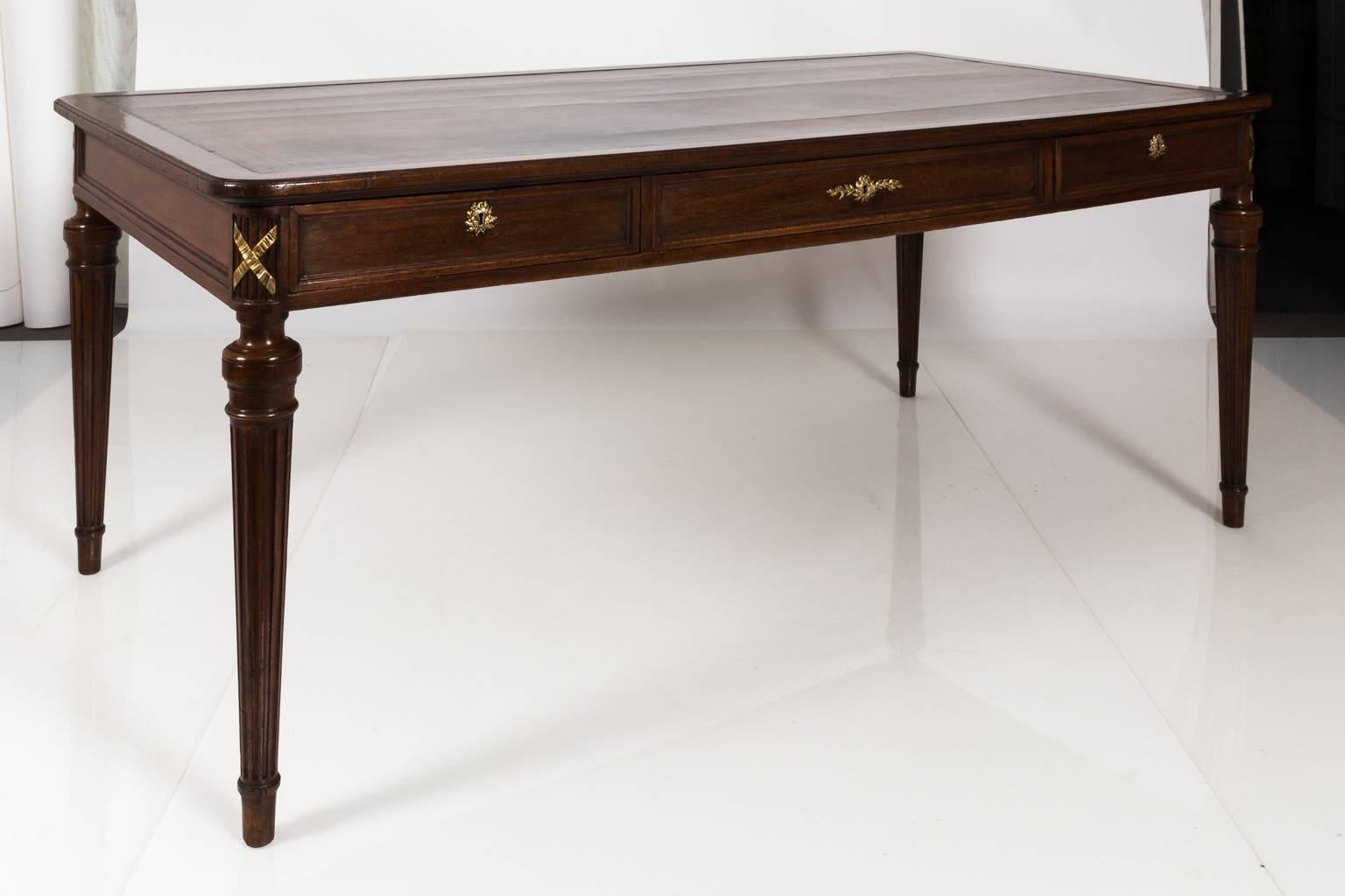 English Leather Top Library Table, circa 1940s 7