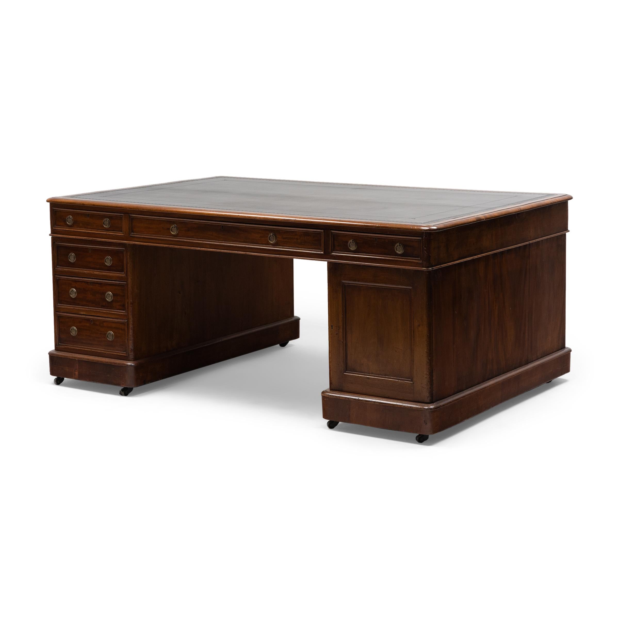 English Leather Top Partners Desk, c. 1880 In Good Condition In Chicago, IL