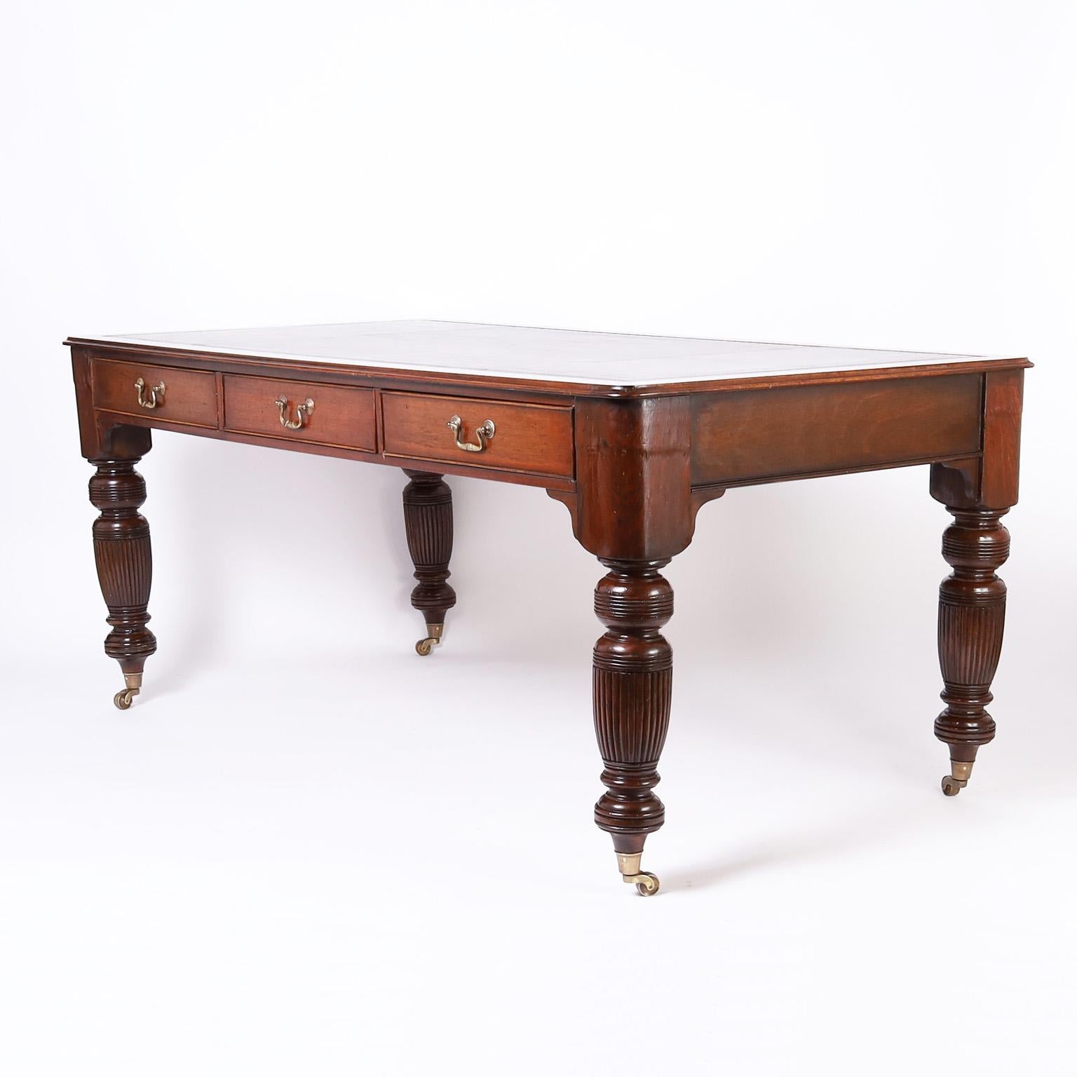Hand-Carved English Leather Top Partners Desk