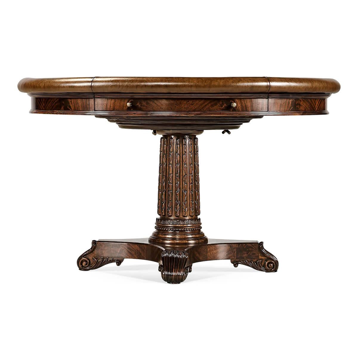 A fine English Regency style professional style Poker table with crotch mahogany sides, an antique brown leather top, leather the perfect tooling of various currency symbols, with handcrafted brass cup holders and chip racks. With a chip rack drawer