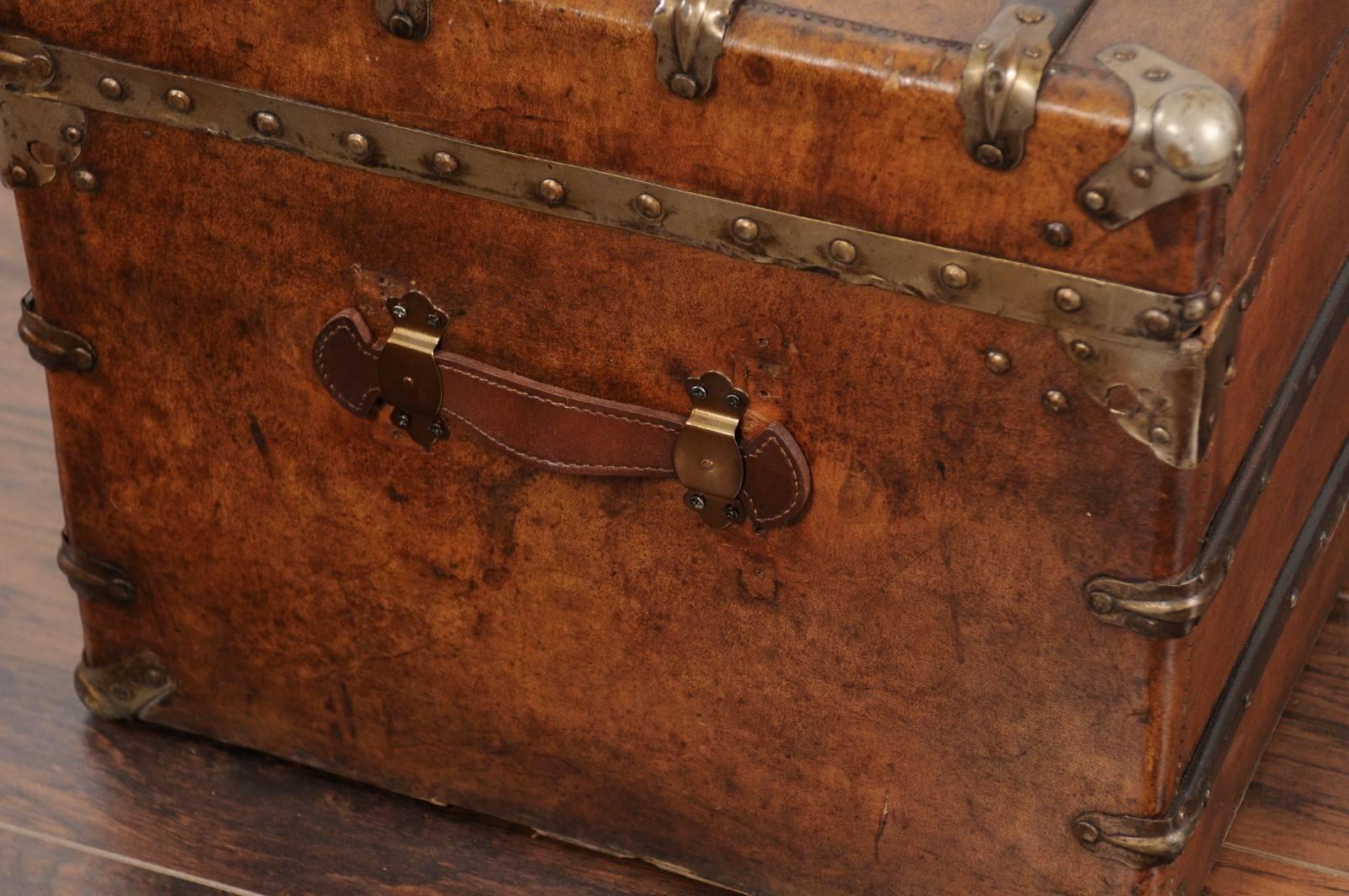 English Leather Trunk with Zinc Lined Interior and Brass Accents from the 1880s 6