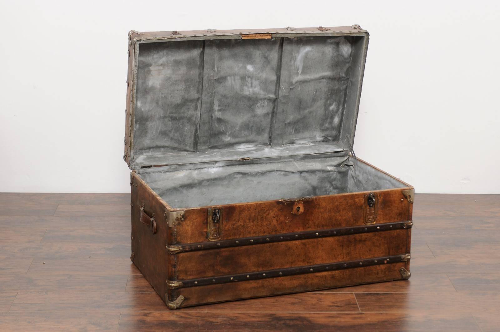 English Leather Trunk with Zinc Lined Interior and Brass Accents from the 1880s In Good Condition In Atlanta, GA
