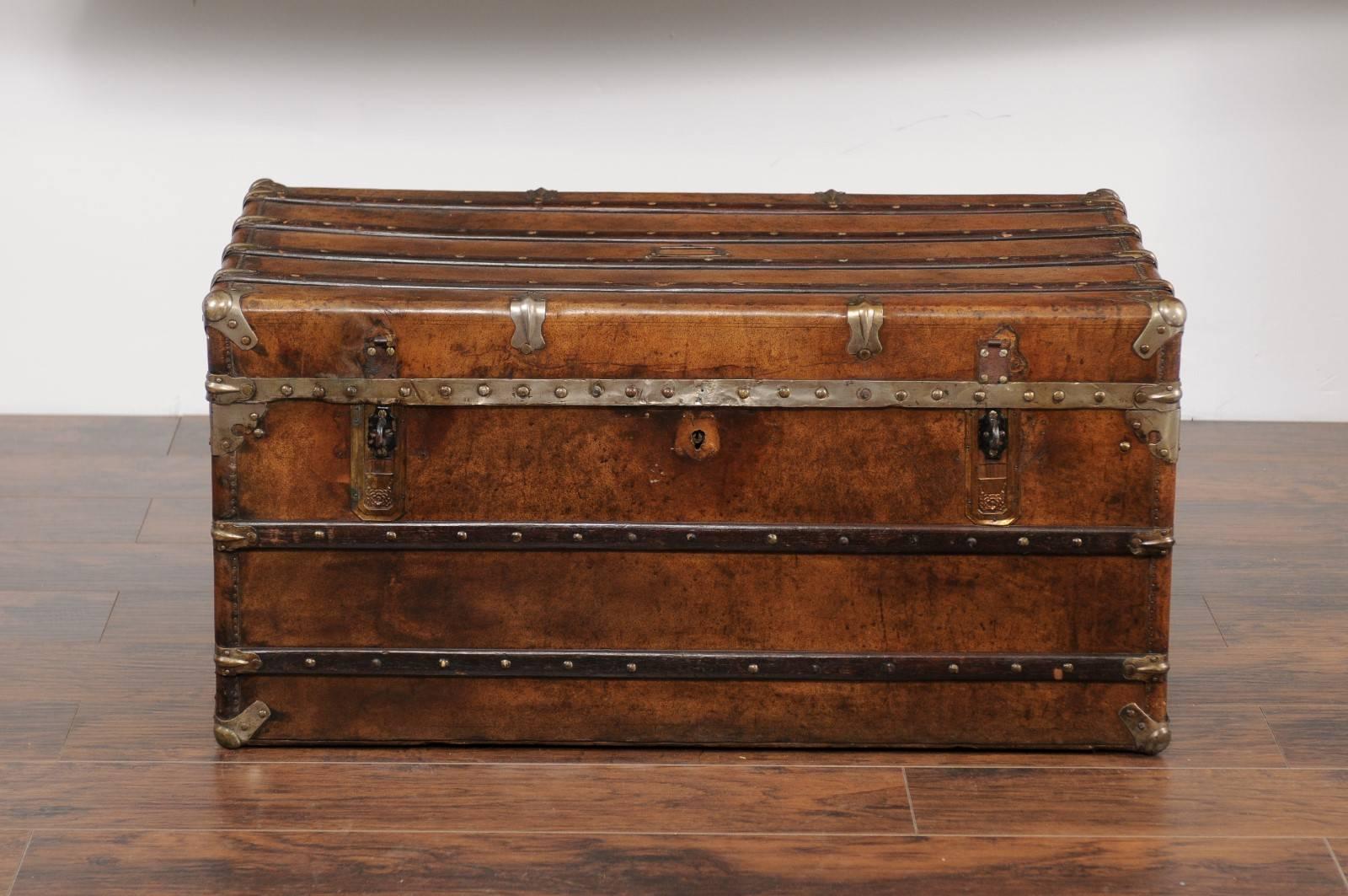 19th Century English Leather Trunk with Zinc Lined Interior and Brass Accents from the 1880s