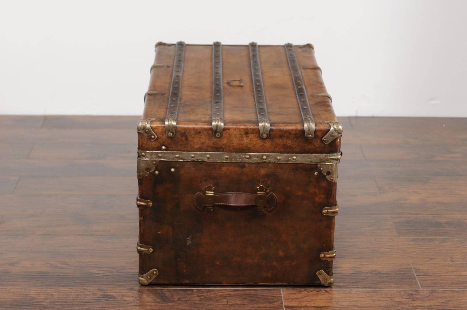English Leather Trunk with Zinc Lined Interior and Brass Accents from the 1880s 1