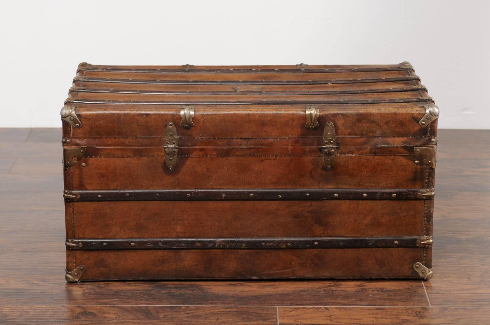 English Leather Trunk with Zinc Lined Interior and Brass Accents from the 1880s 2