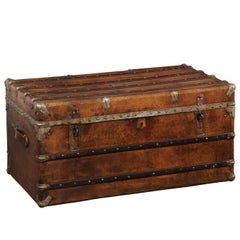 English Leather Trunk with Zinc Lined Interior and Brass Accents from the 1880s