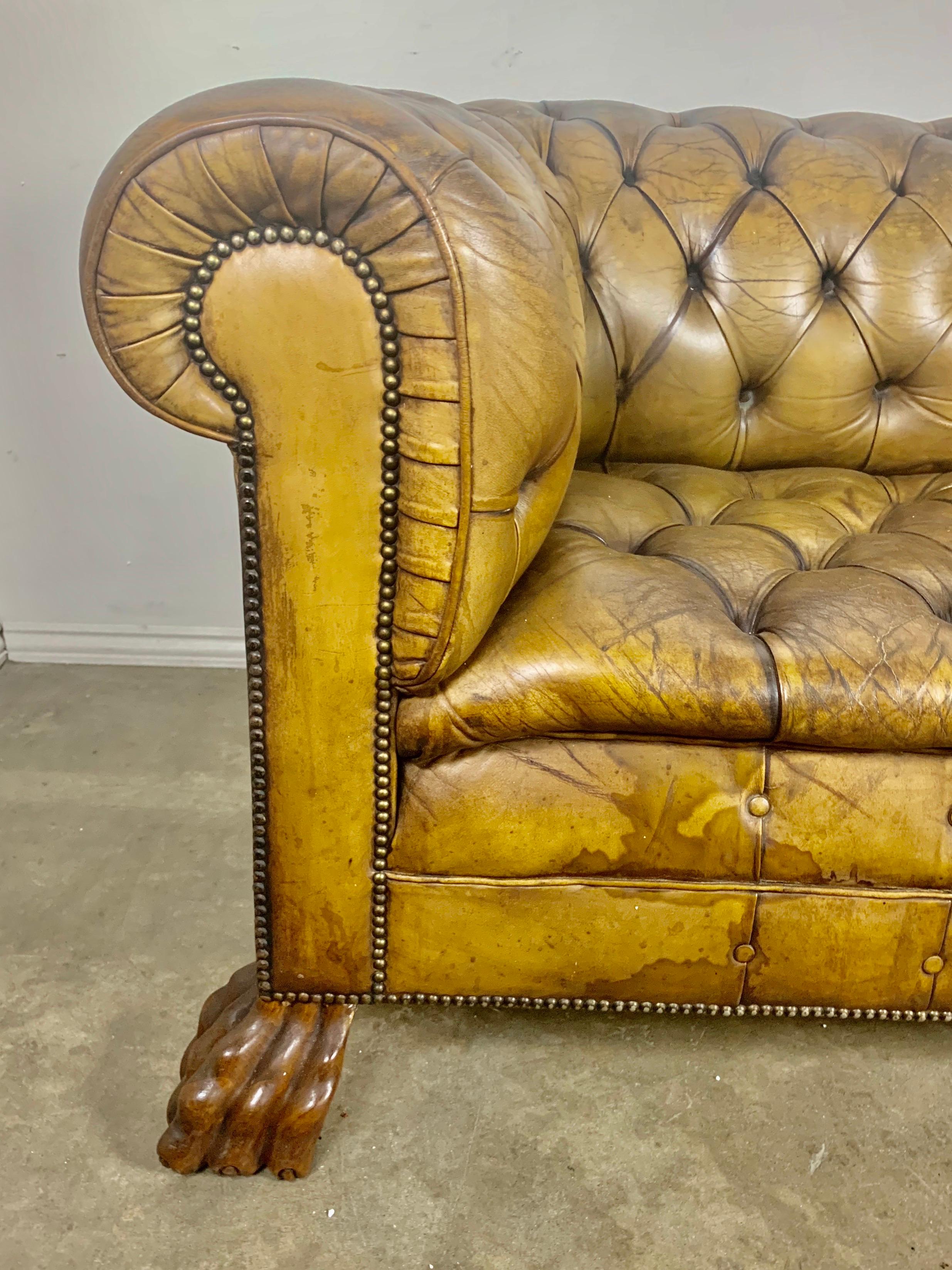 Hand-Carved English Leather Tufted Chesterfield Sofa, circa 1900s
