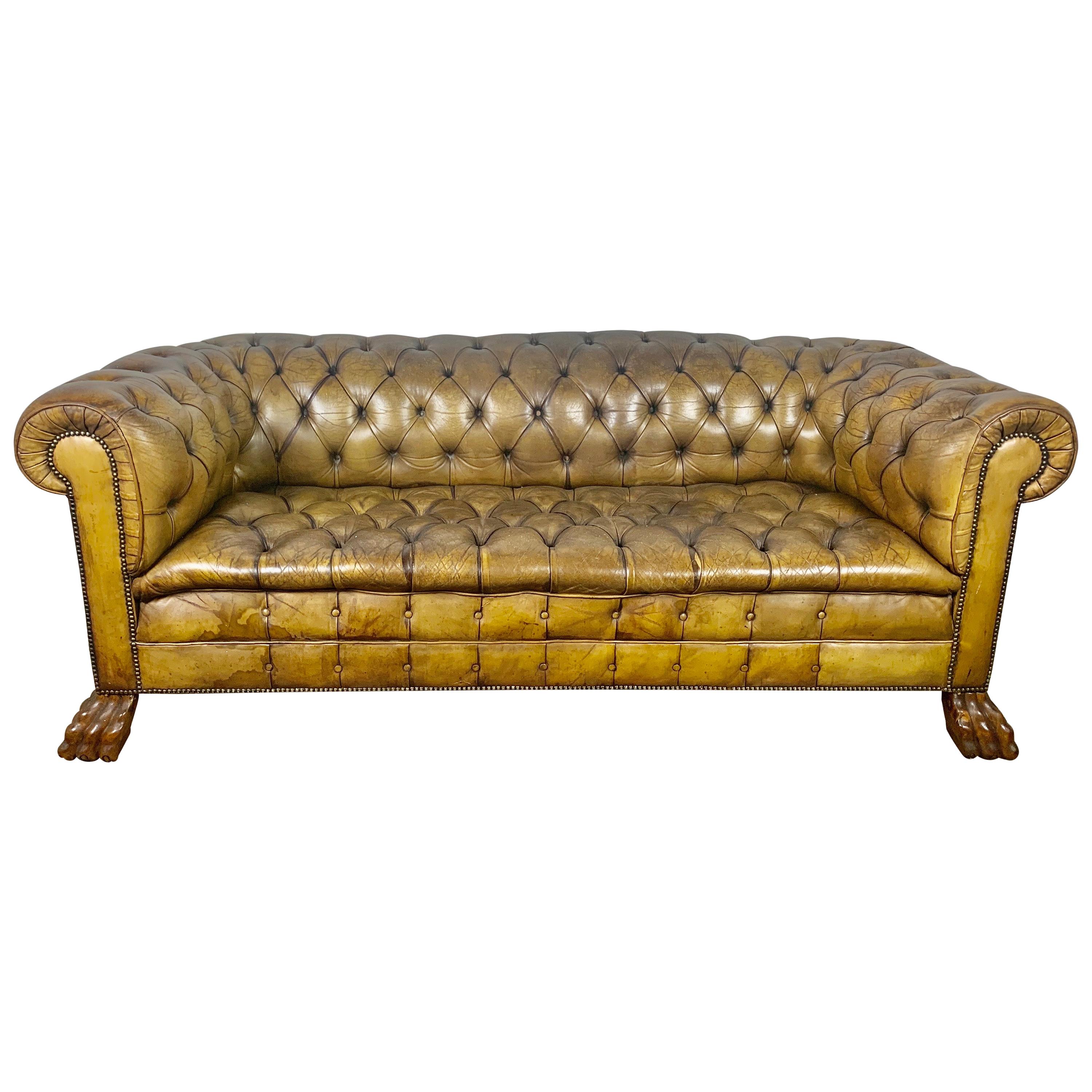 English Leather Tufted Chesterfield Sofa, circa 1900s