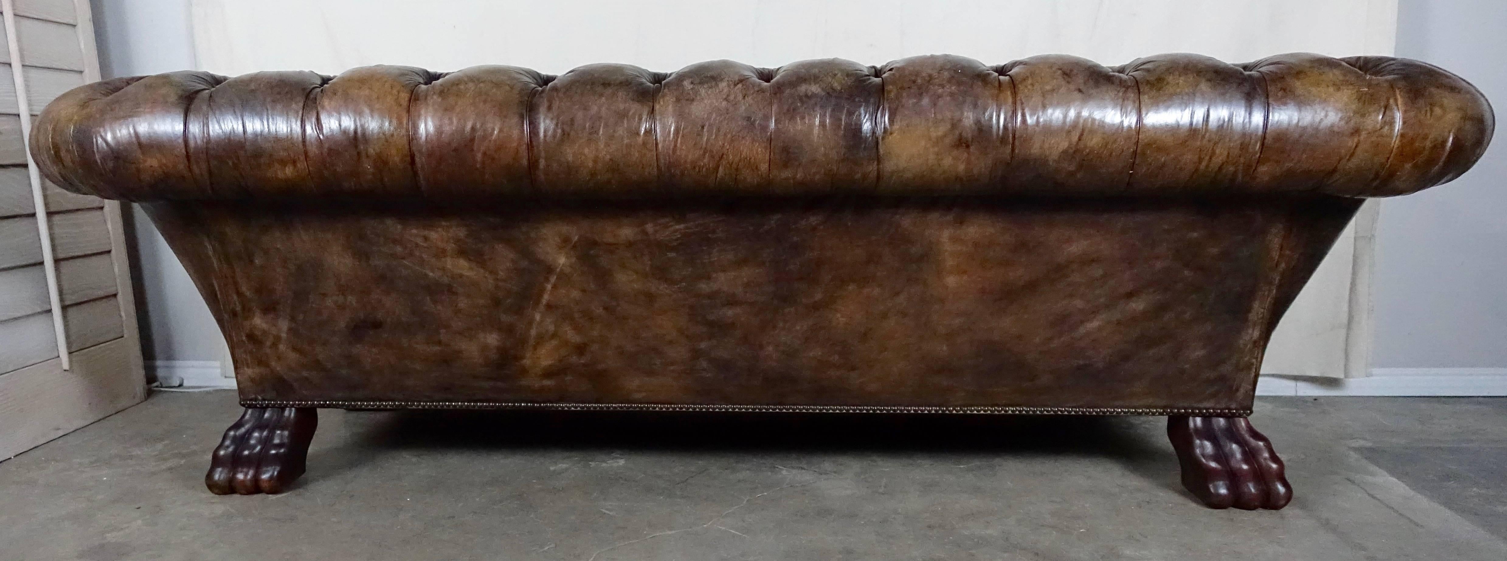 Hand-Carved English Leather Tufted Chesterfield Style Sofa with Paw Feet