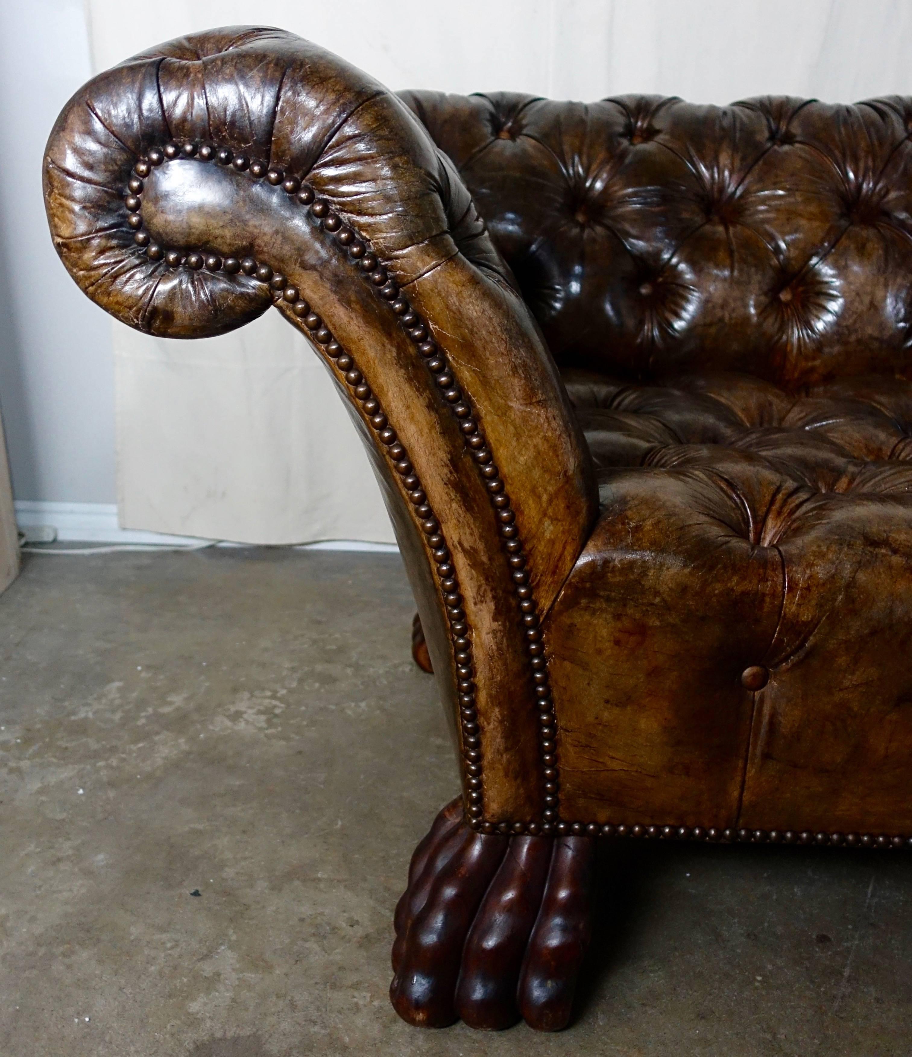 English Leather Tufted Chesterfield Style Sofa with Paw Feet In Distressed Condition In Los Angeles, CA
