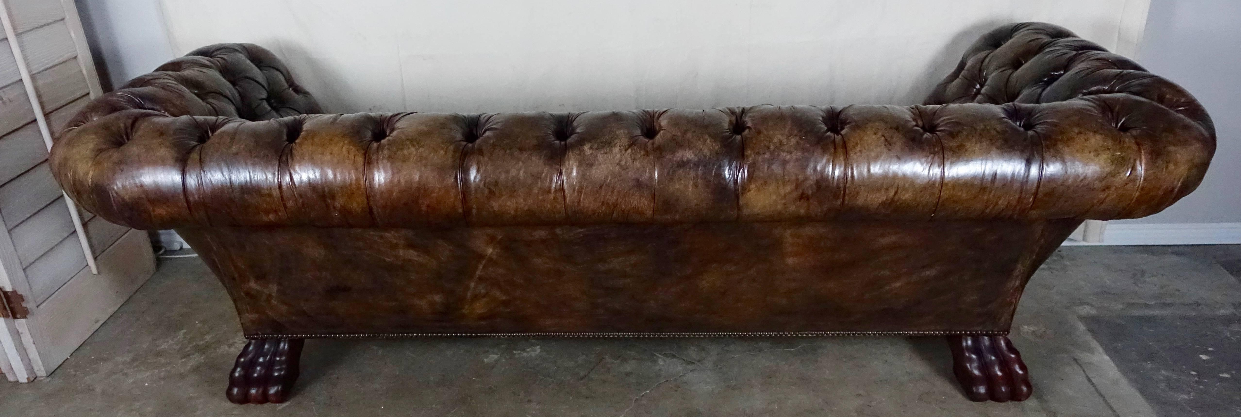 Mid-20th Century English Leather Tufted Chesterfield Style Sofa with Paw Feet