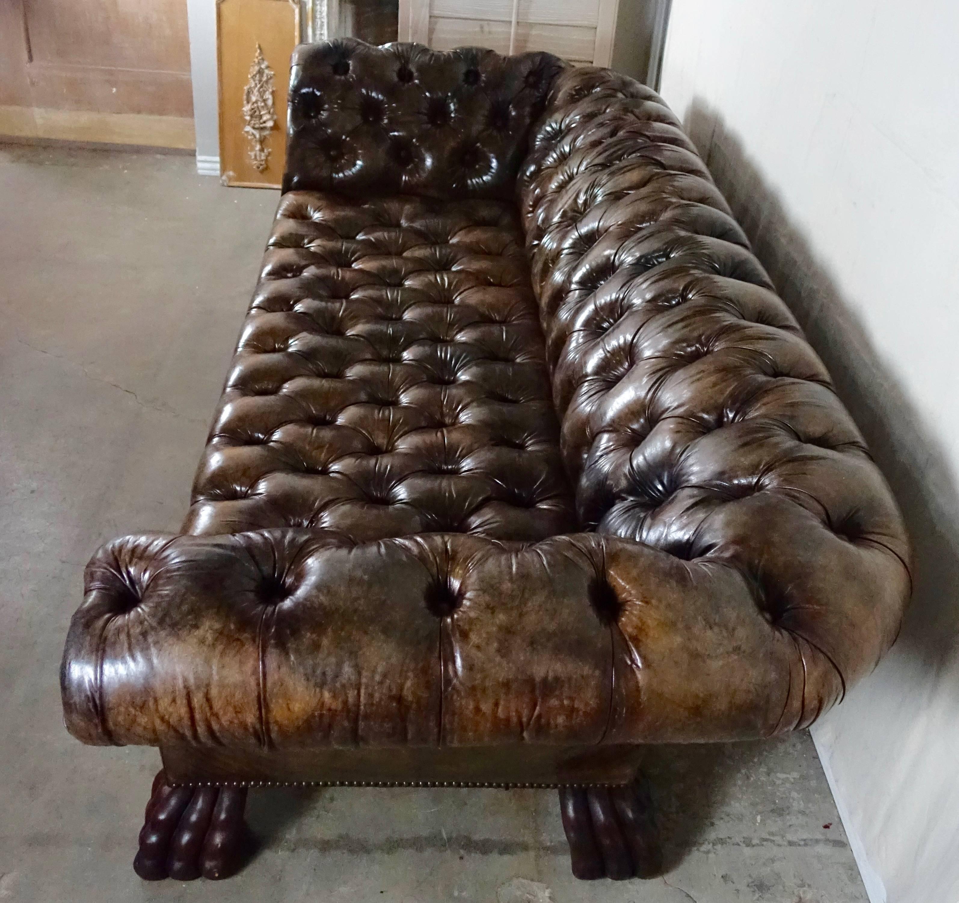 Wood English Leather Tufted Chesterfield Style Sofa with Paw Feet