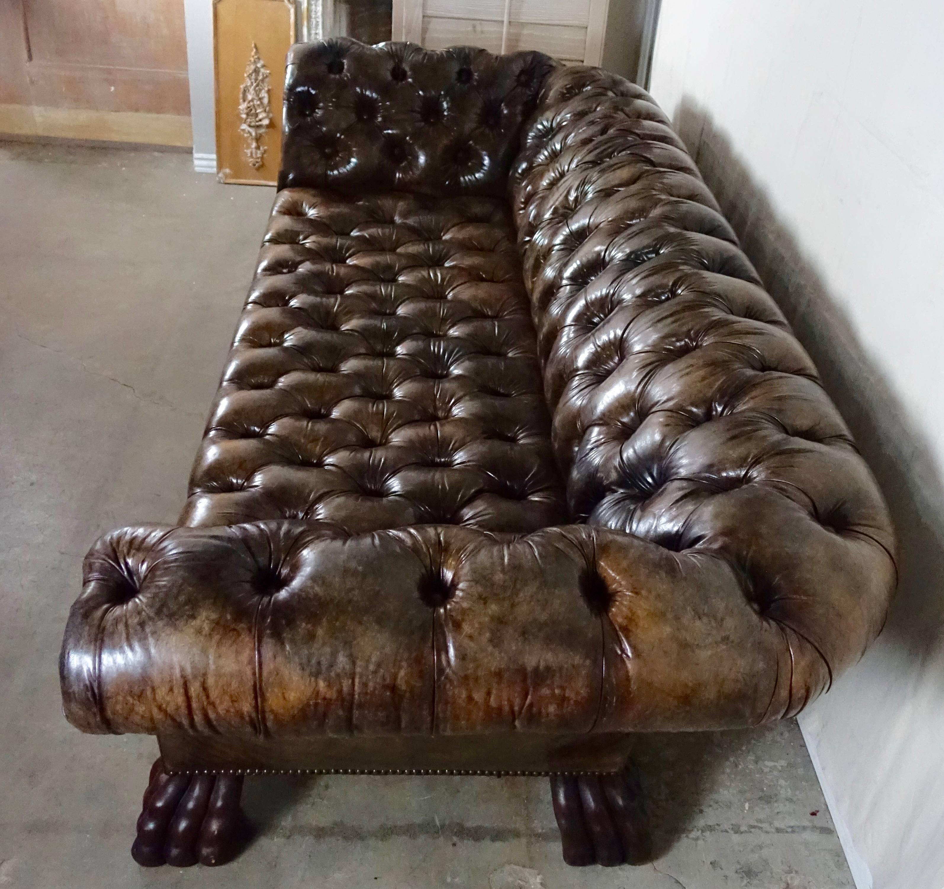 English Leather Tufted Chesterfield Style Sofa with Paw Feet 1