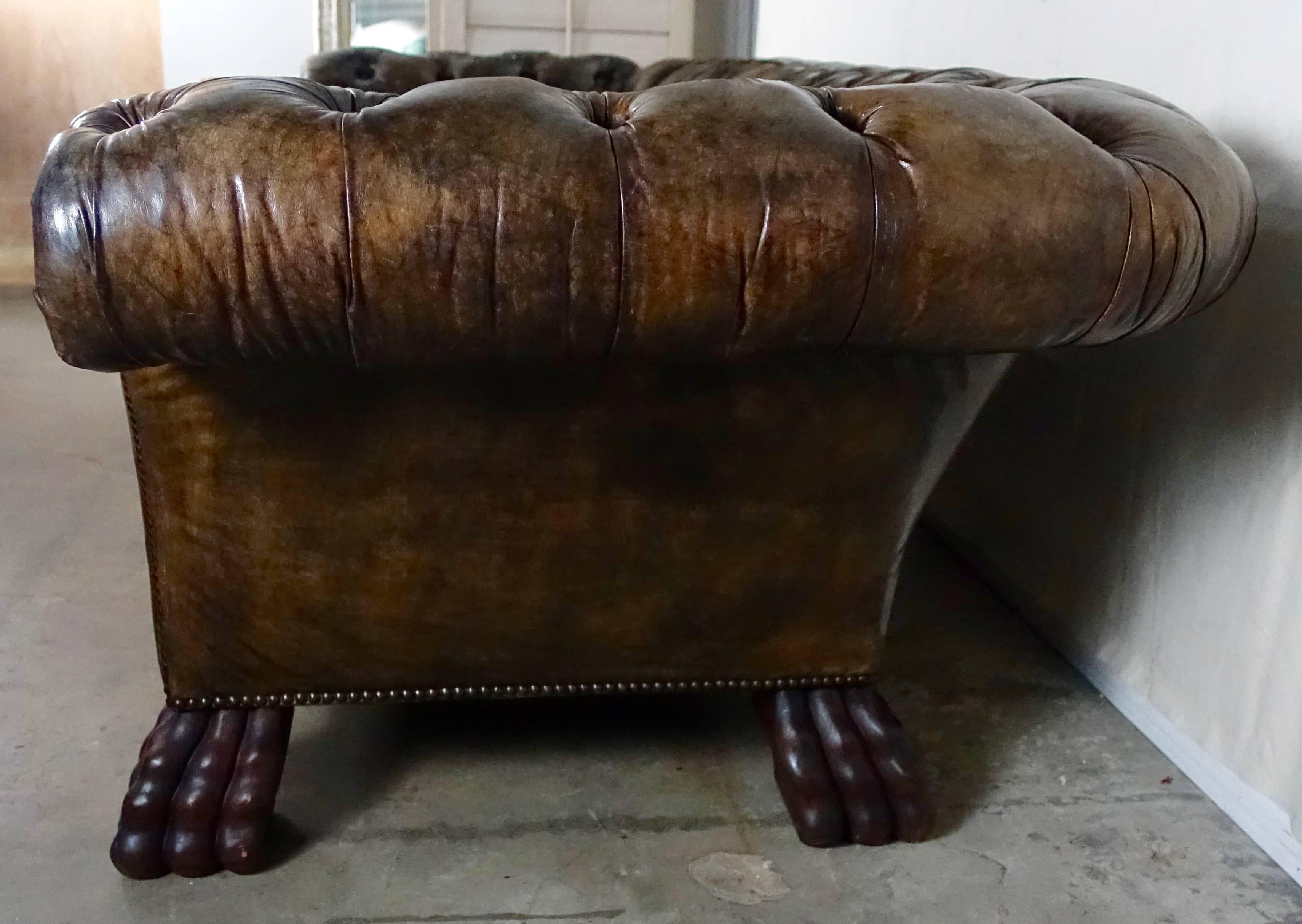 English Leather Tufted Chesterfield Style Sofa with Paw Feet 1