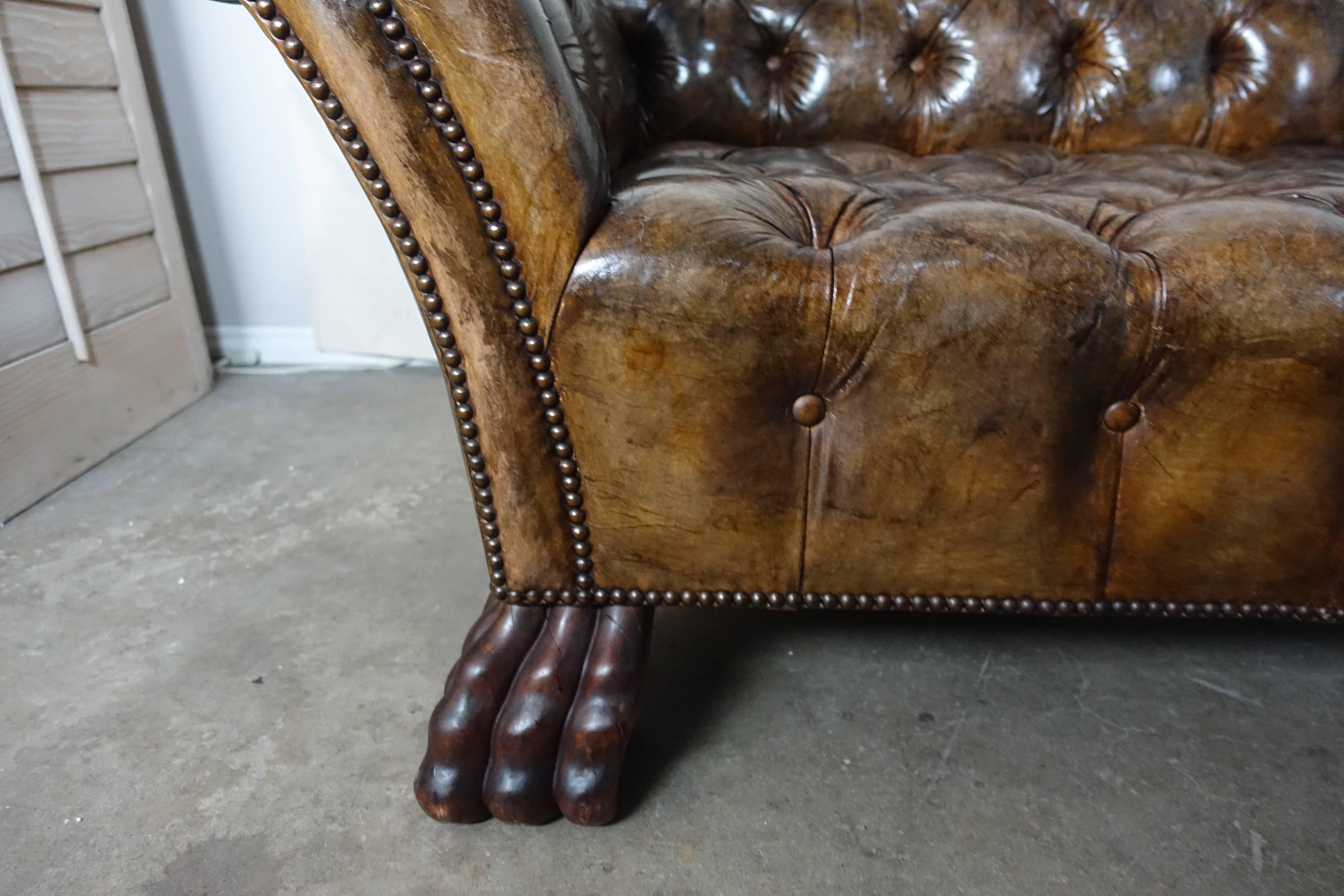 English Leather Tufted Chesterfield Style Sofa with Paw Feet 2