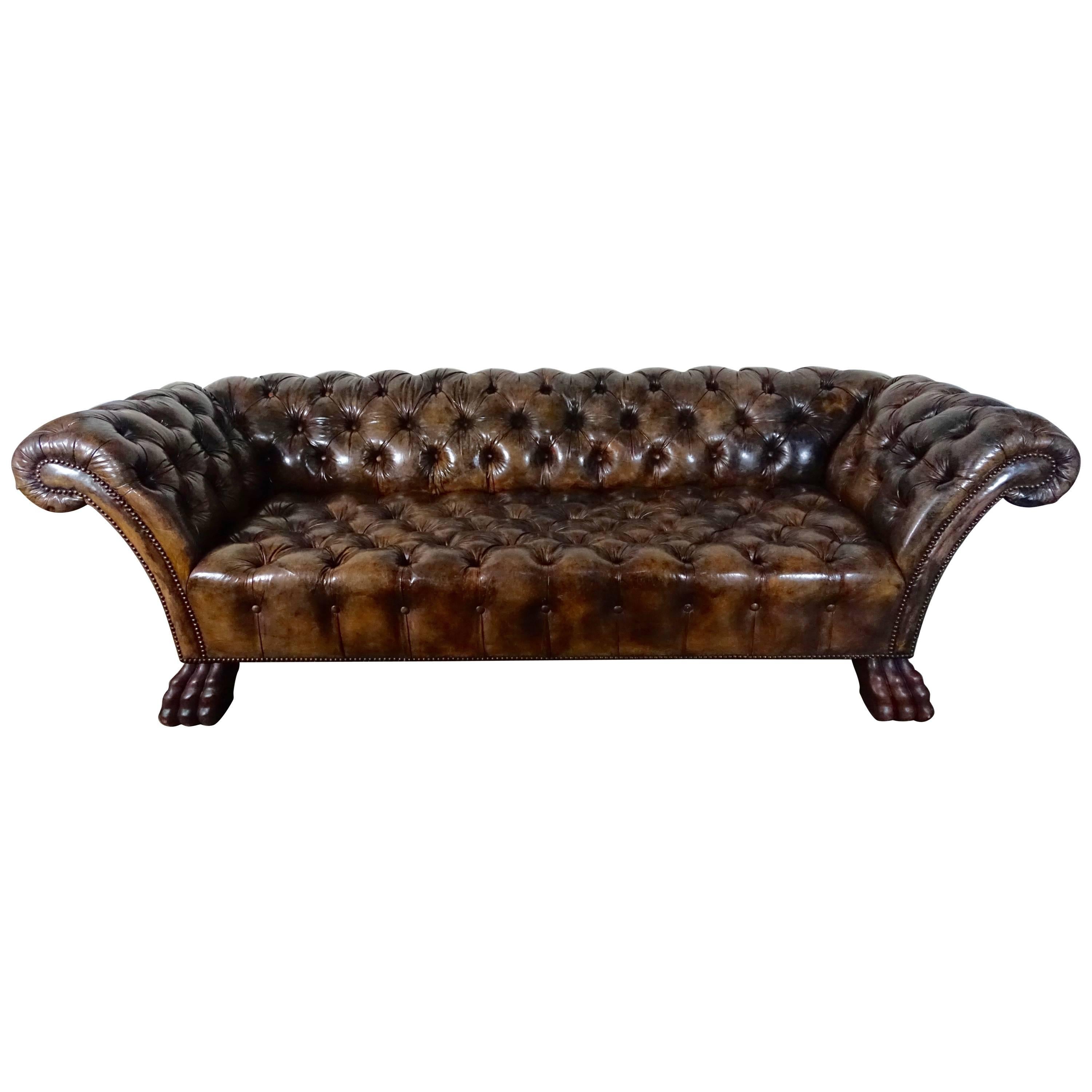 English Leather Tufted Chesterfield Style Sofa with Paw Feet
