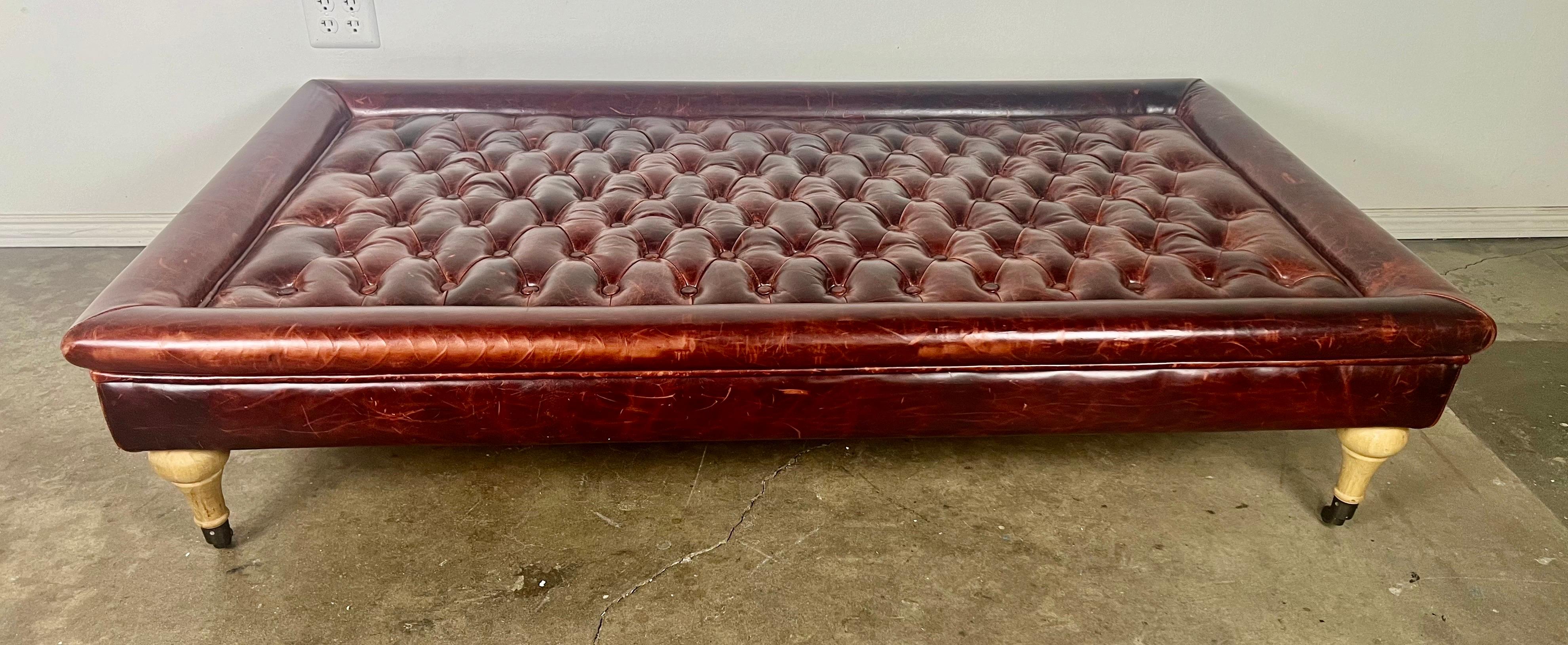 English Leather Tufted Ottoman on Casters For Sale 6