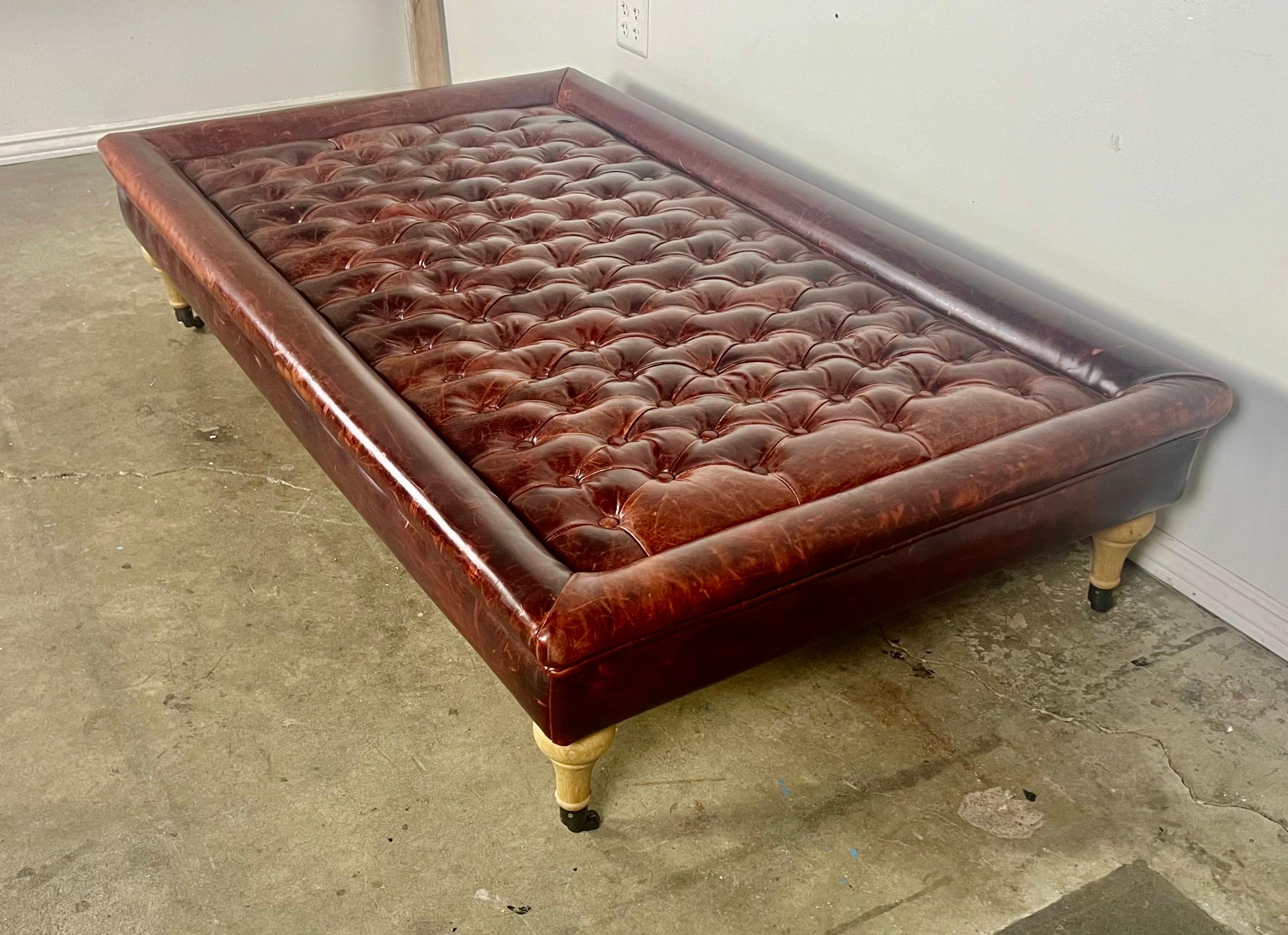 English Leather Tufted Ottoman on Casters For Sale 3