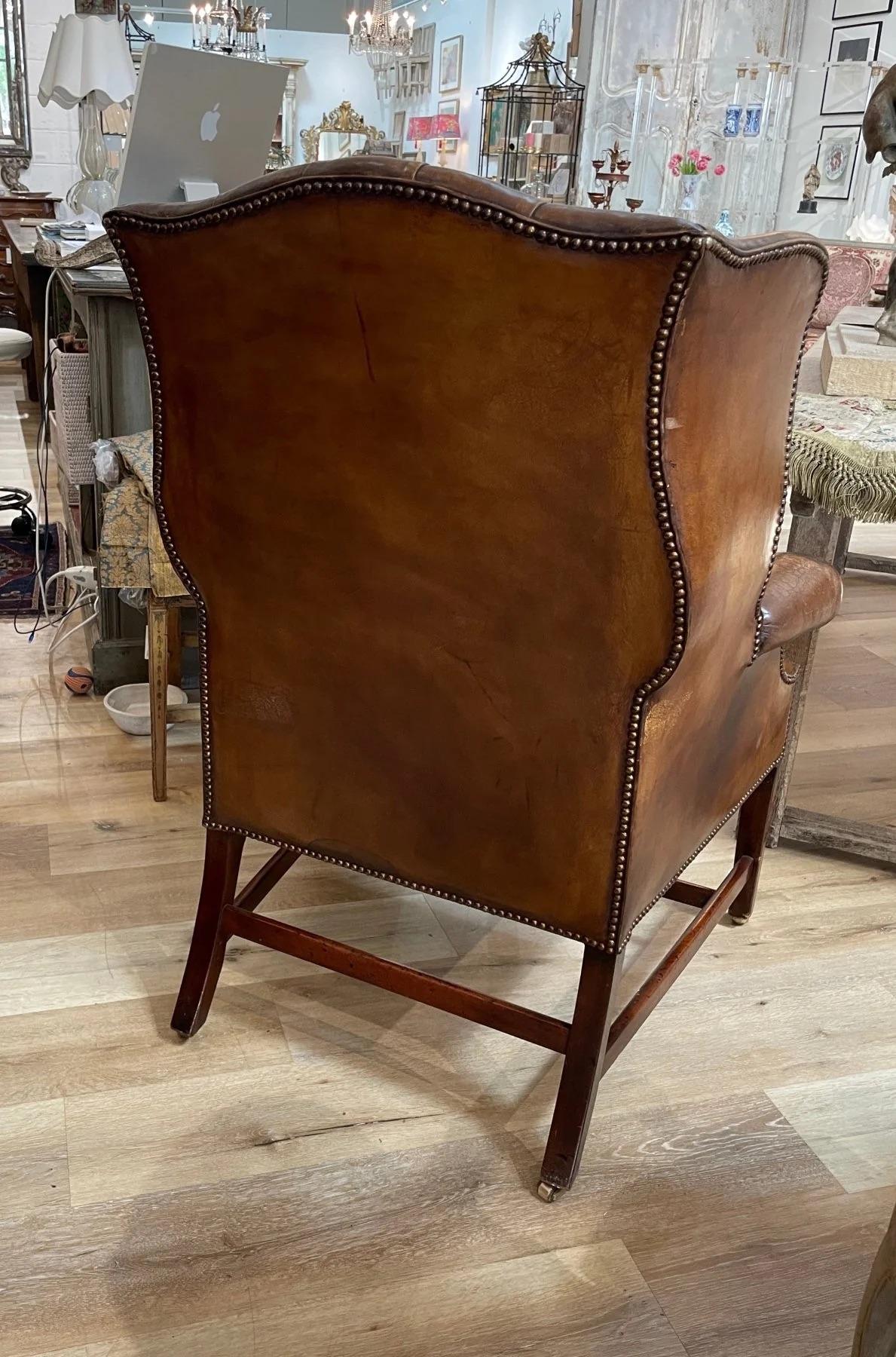 English leather tufted wingback chair, 19th Century 1