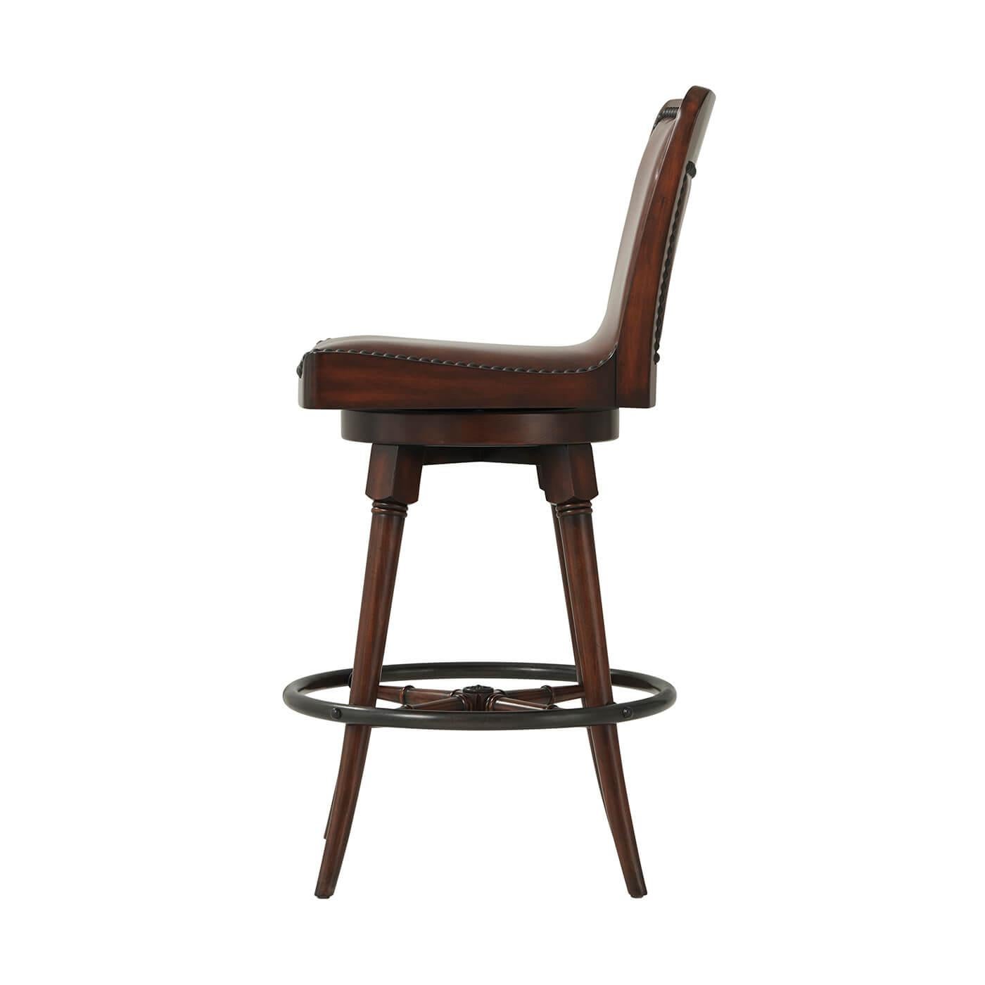 Regency English Leather Upholstered Swivel Bar Stool For Sale